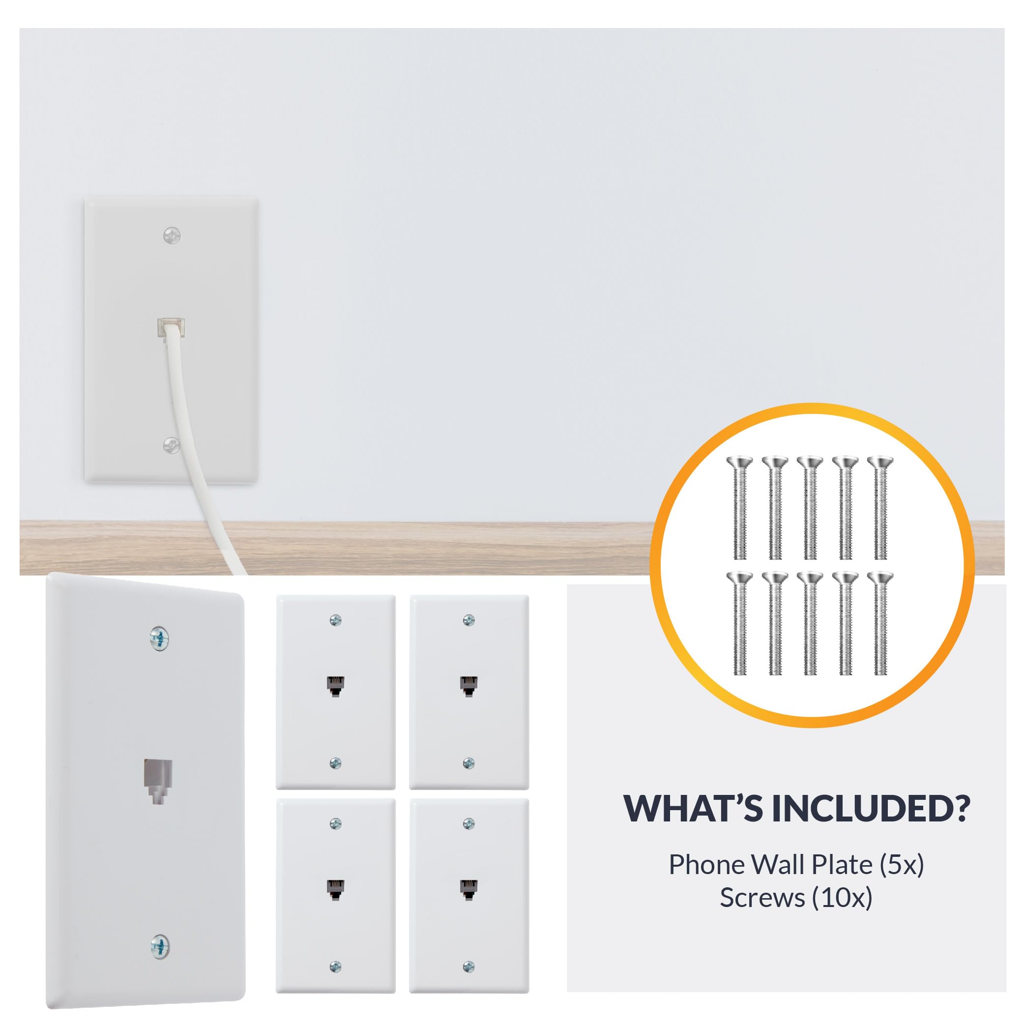 Newhouse Hardware 1 Port Telephone Jack Wall Plate, 6P4C, For Rj11 Telephone Cables, Single Gang, 5 Pack, White (Php Wh 05)