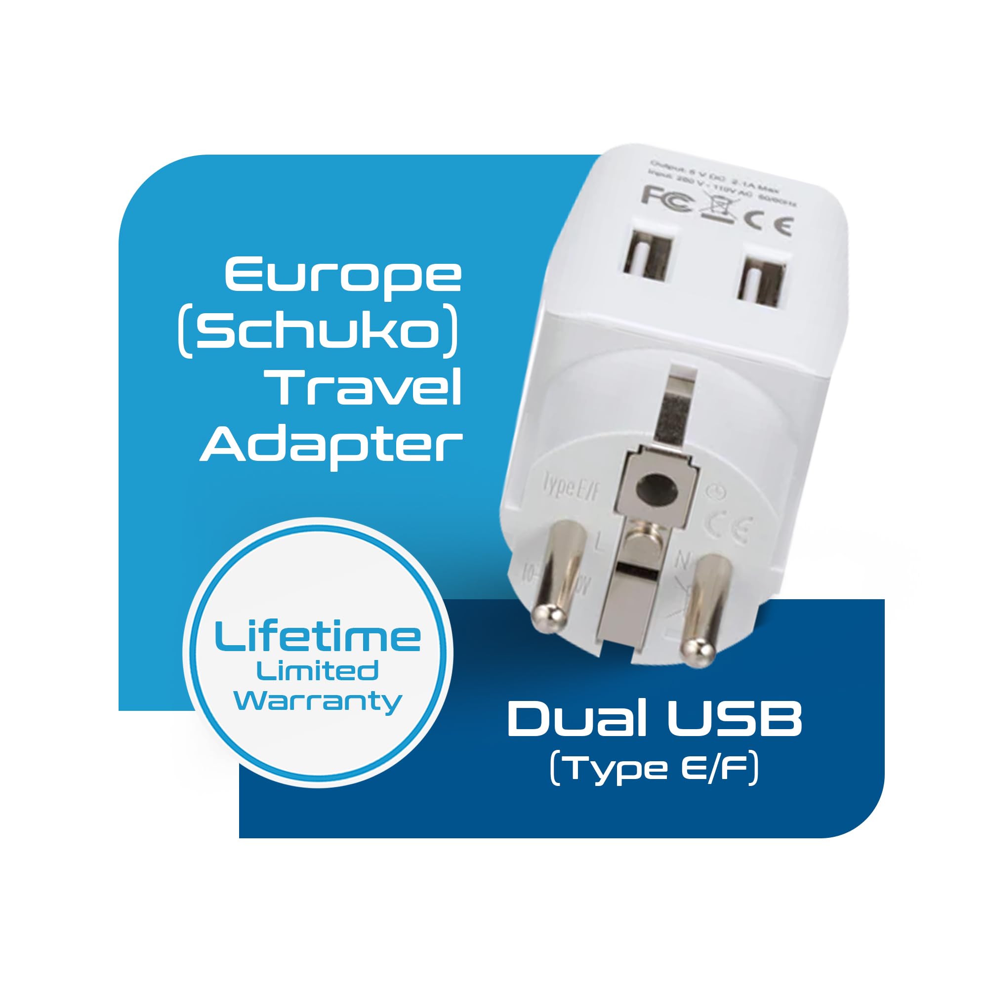 Ceptics Schuko, Germany, France, Spain Travel Adapter Plug With Dual Usb Usa Input Type E/F - Thumbnail 3