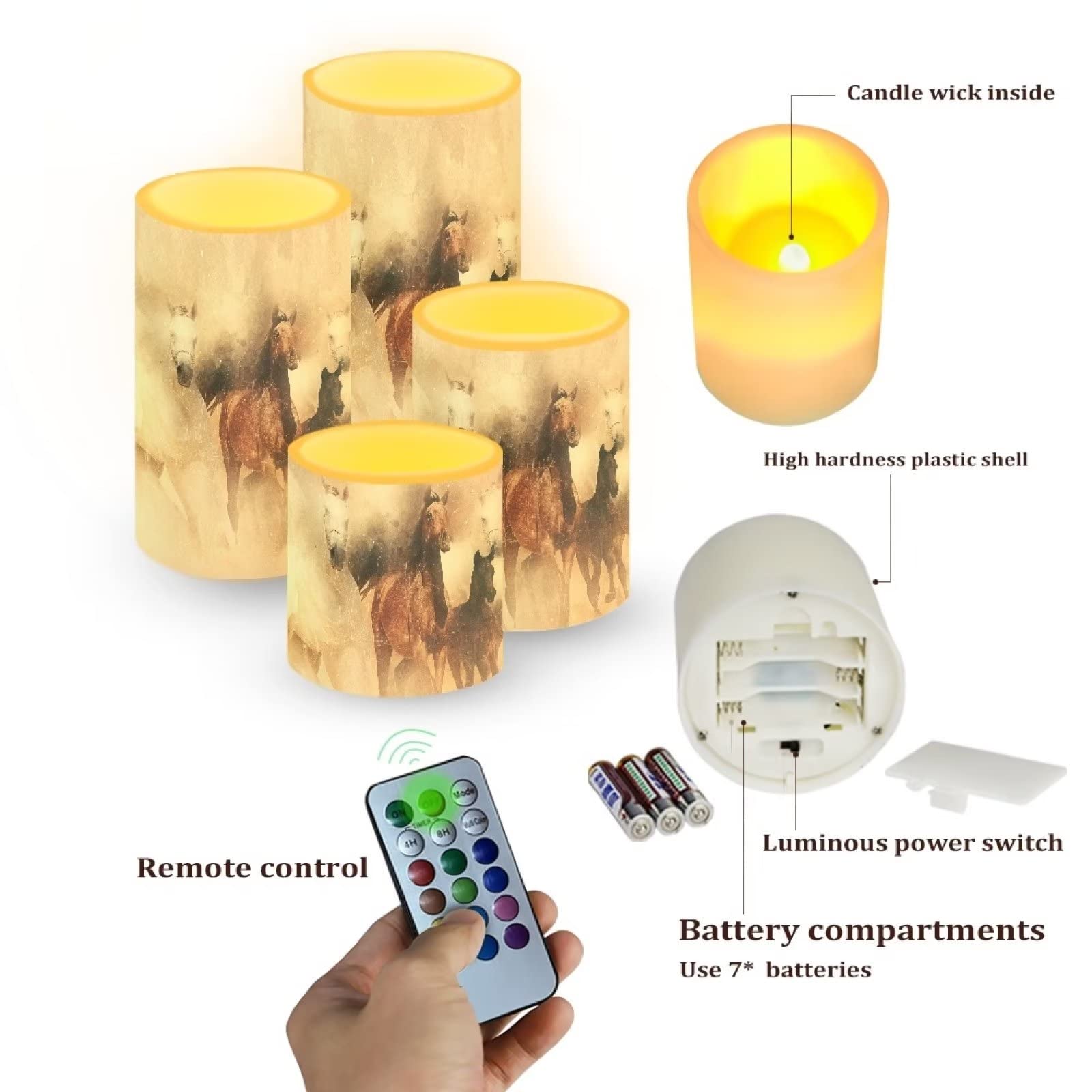 Netilgen Vintage Running Horse Outdoor Waterproof Led Candles Battery Operated Set Of 4 With Timer Remote Colour Changing Pillar