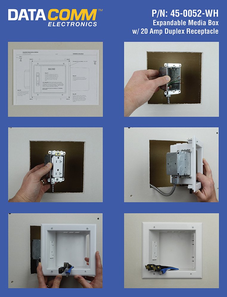 Data Comm Electronics 45 0061 Wh Recessed Av/Hdmi Cable With Expandable Media Box And Duplex Surge Receptacle, White