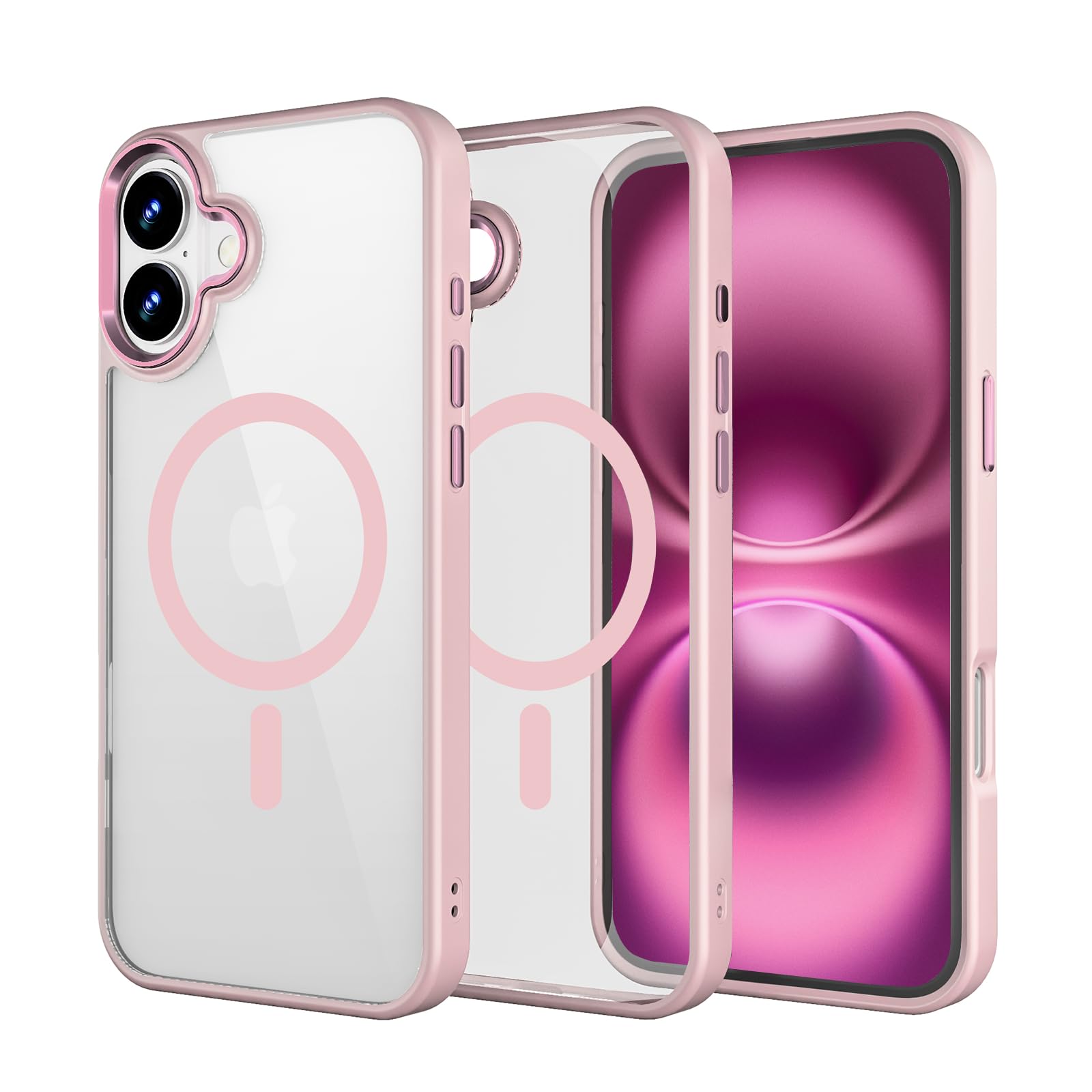 2024 Magnetic For Iphone 16 Case [Anti Yellowing] [Military Grade Protection] Shockproof Clear Hard Back Slim Case   Pink
