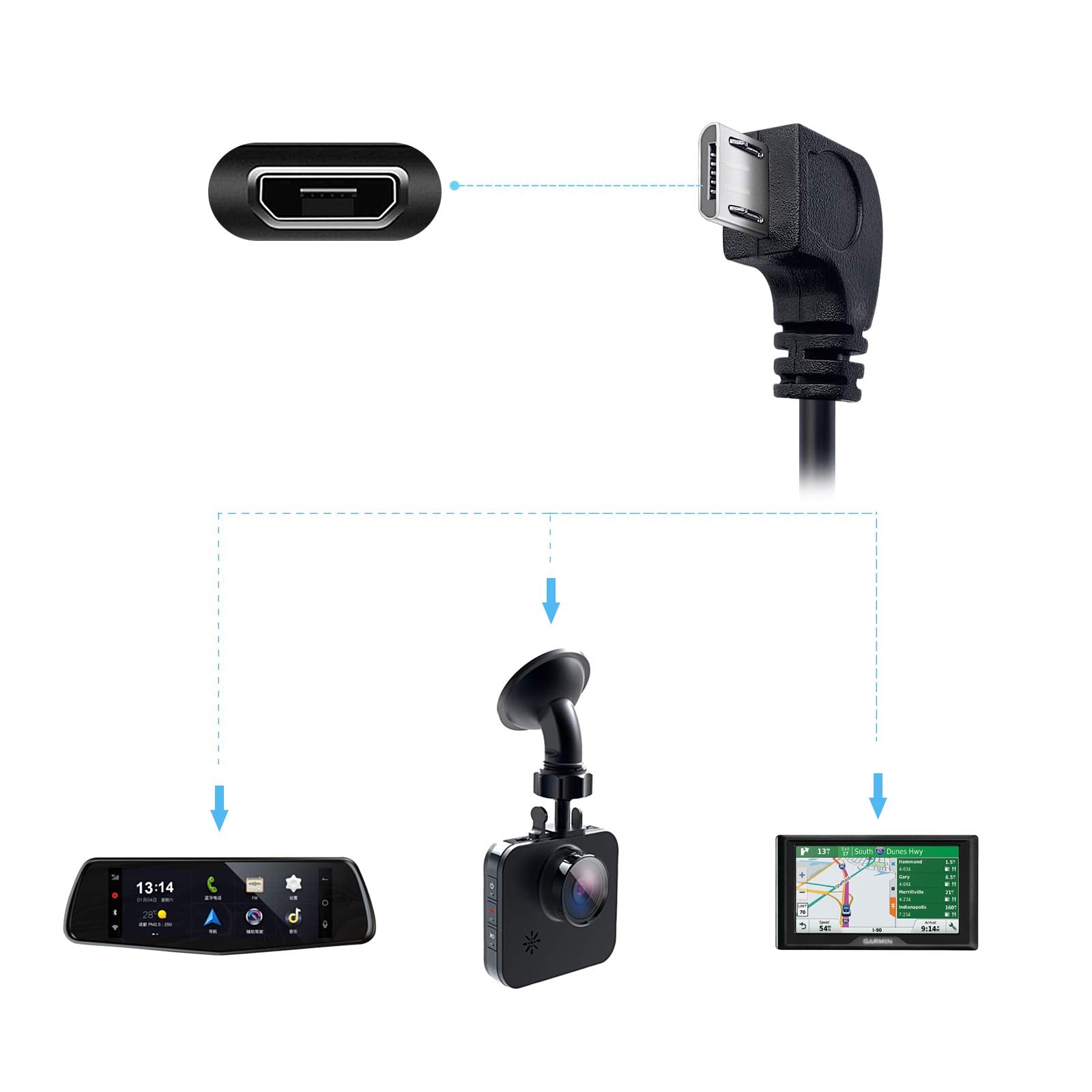 Dash Cam Power Cord,Micro Usb 11.5Ft Long Charging Cable For Dashcam Mirror Cam,Usb To Micro Usb Car Camera Charger Wire,90 Degr