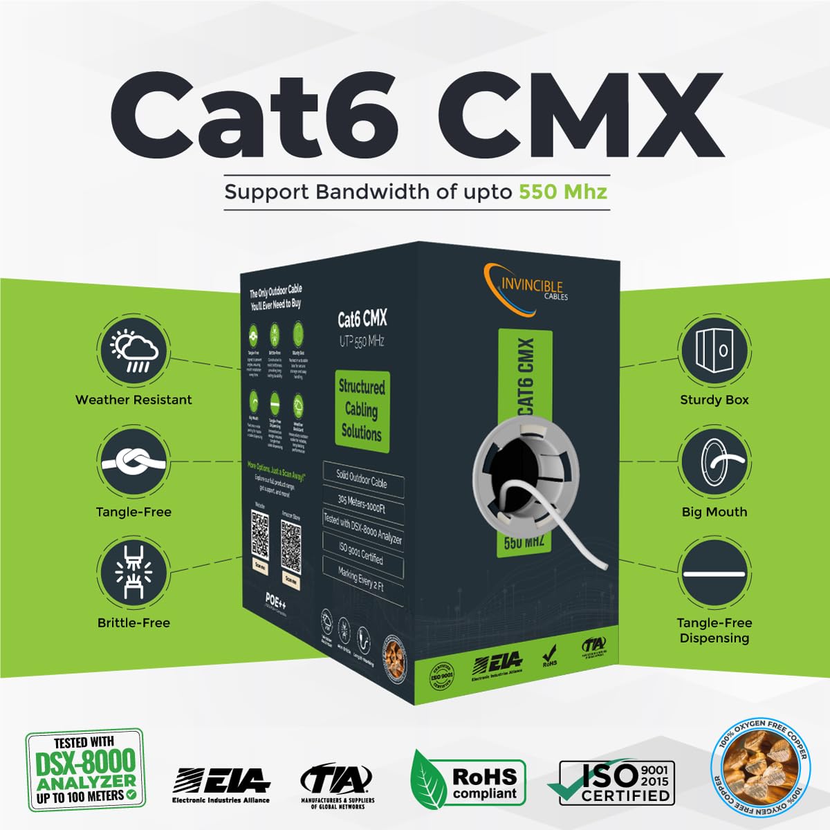 Cat6 Outdoor Cmx 1000Ft Cable | 100% Solid Copper, 550 Mhz, 23Awg, 4 Pair, Utp | Dsx-8000 Analyzer Tested Up To 100M | Poe, Poe+
