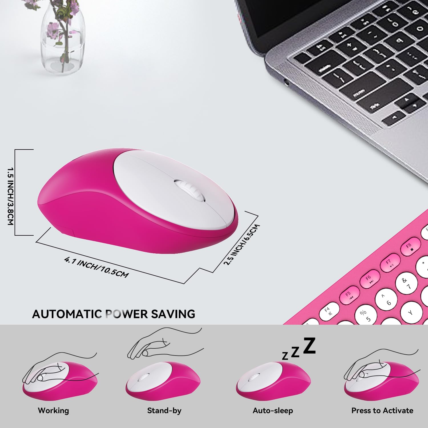 Tkvpjyyi Wireless Keyboard And Mouse Combo, 2.4Ghz Usb Cordless Round Keys Set For Laptop, Computer, Tv (White+Rose Red)