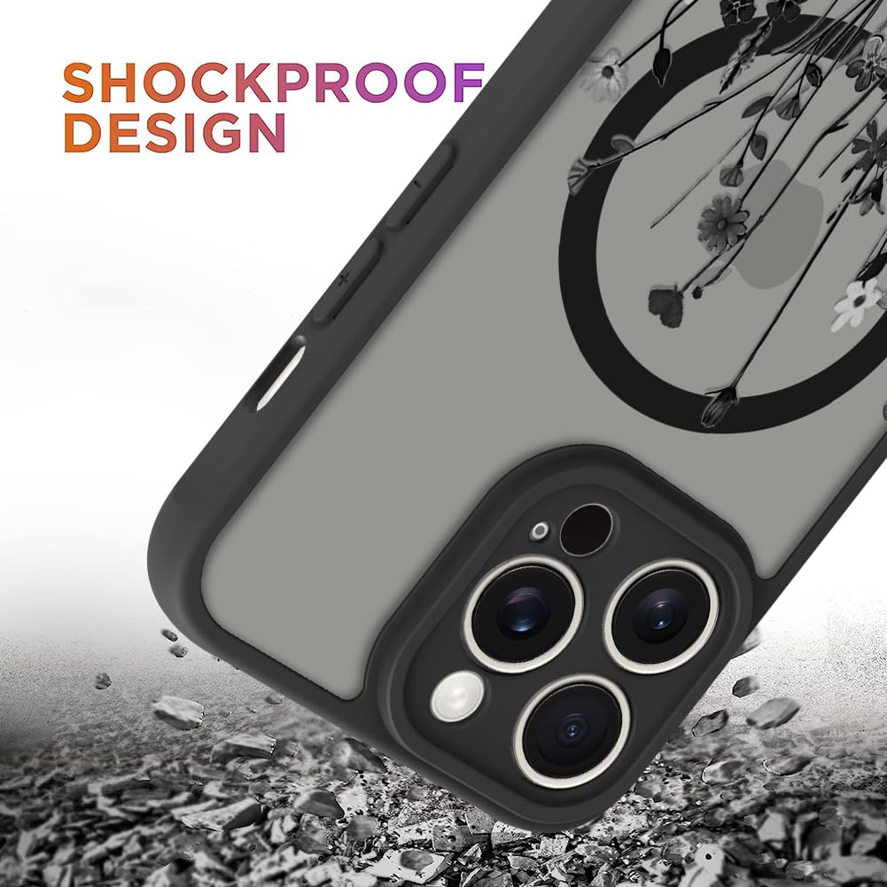 Ook Magnetic For Iphone 11 Pro Case Black Wildflower Pattern [Compatible With Magsafe] Slim Translucent Matte Camera Lens Protec