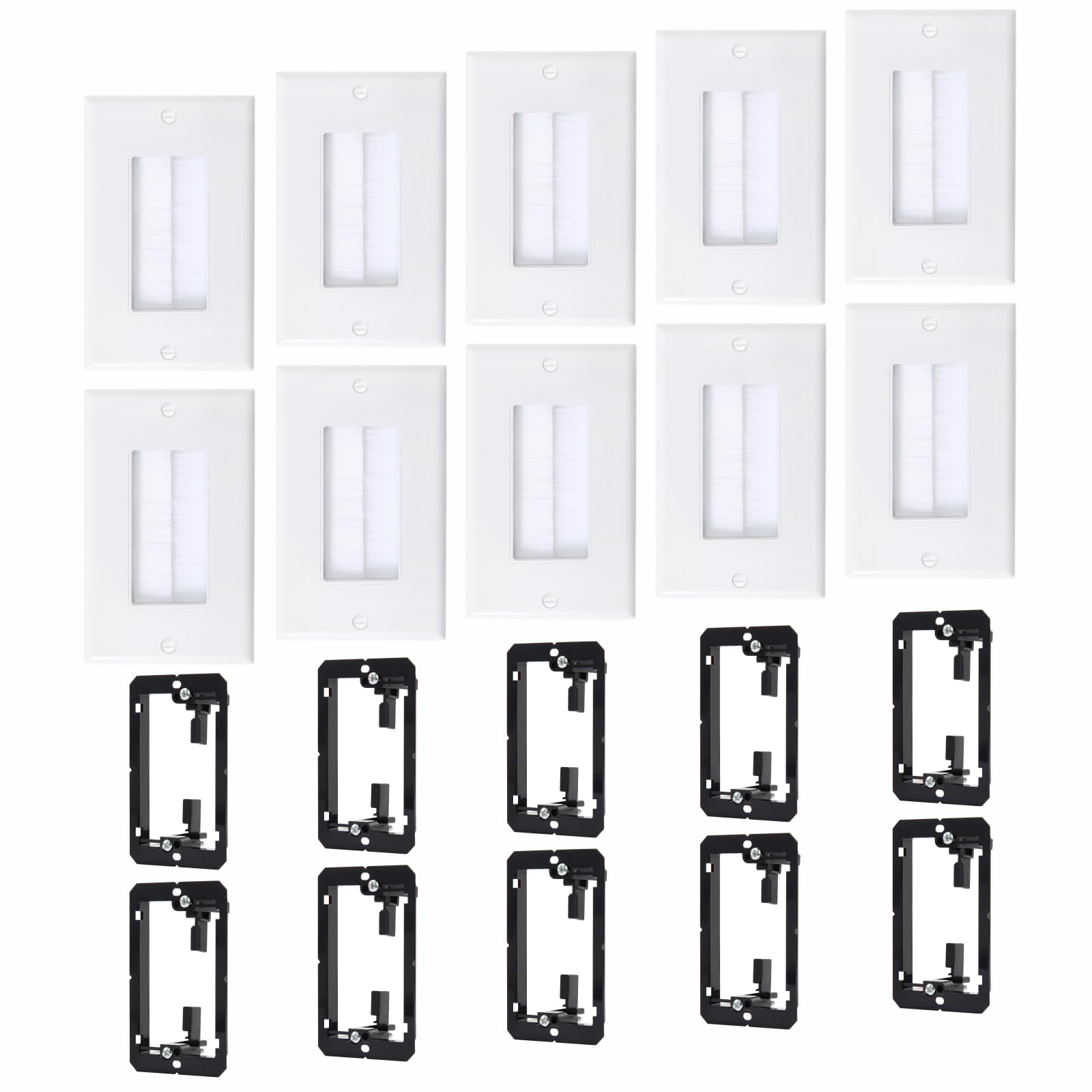 10 Pack Brush Wall Plates With Low Voltage Mounting Bracket, Cable Pass Through Insert For Wires, In Wall Cable Management For H
