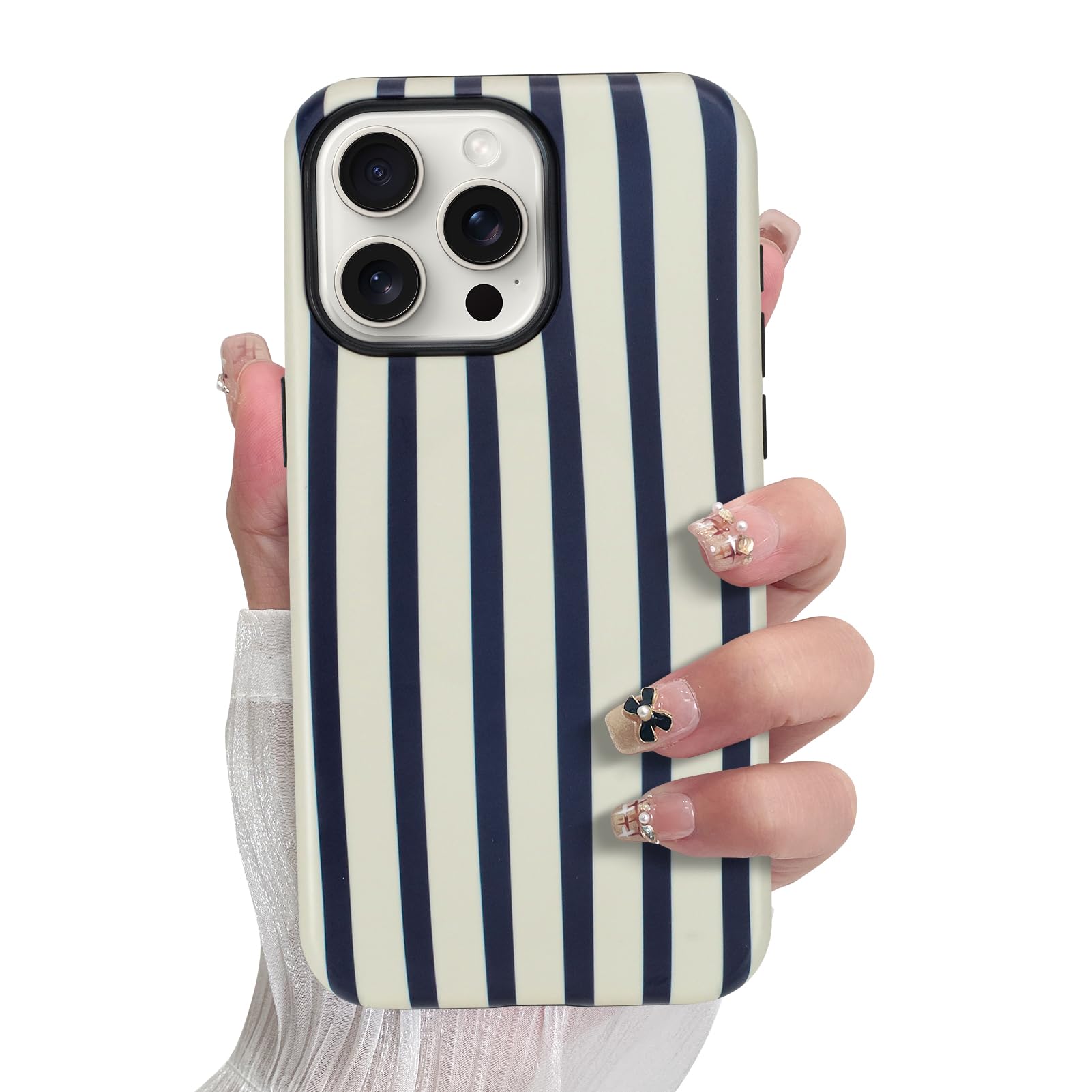 SOKAD Magnetic Vertical Stripes Phone Case for iPhone 15 Pro Max, Cute Navy Blue Striped Line Pattern Compatible with Magsafe Ma