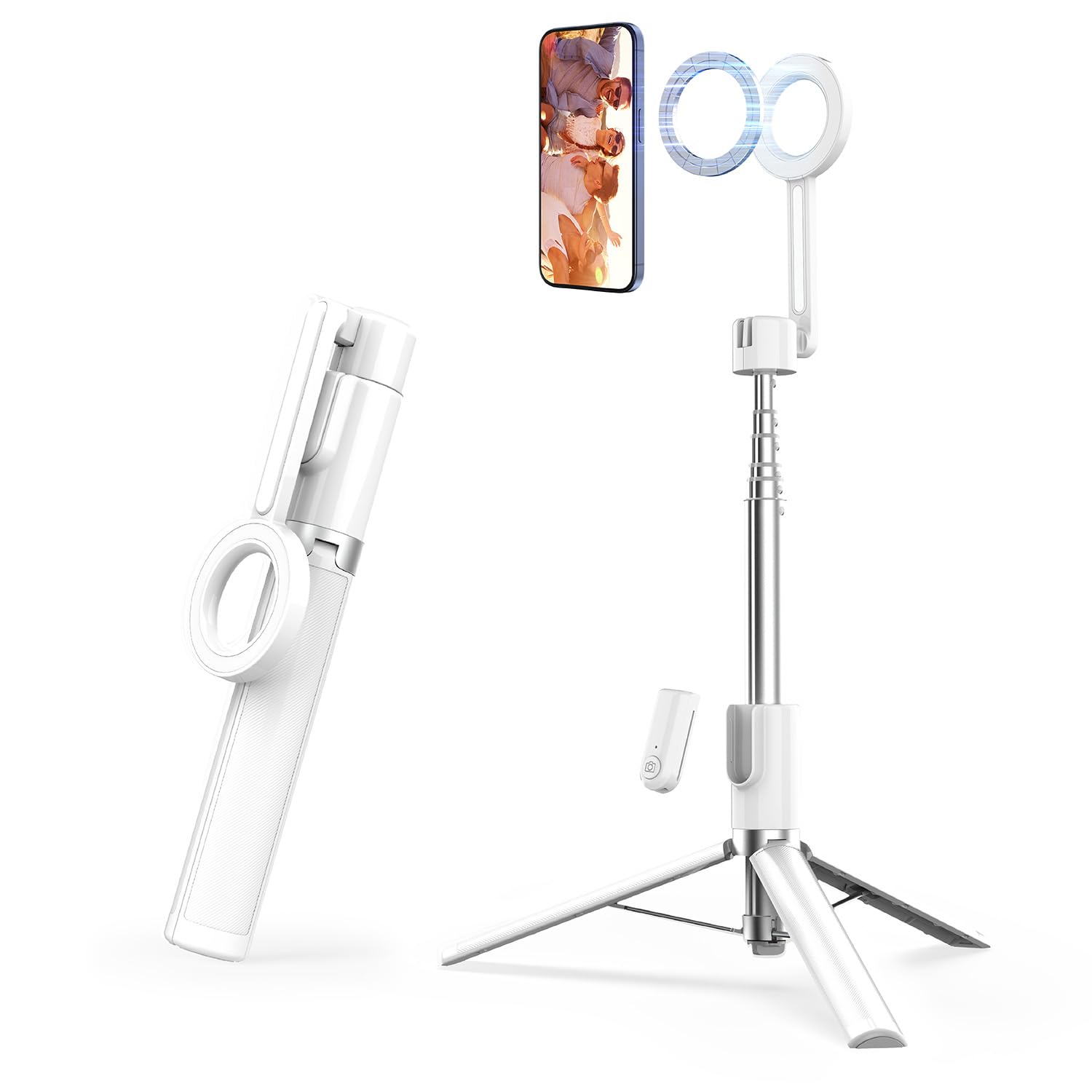 SEAJIC Magnetic Phone Tripod for iPhone 54 Selfie Stick Tripod with Remote and Metal Ring, Phone for Video Recording, Cell Phone