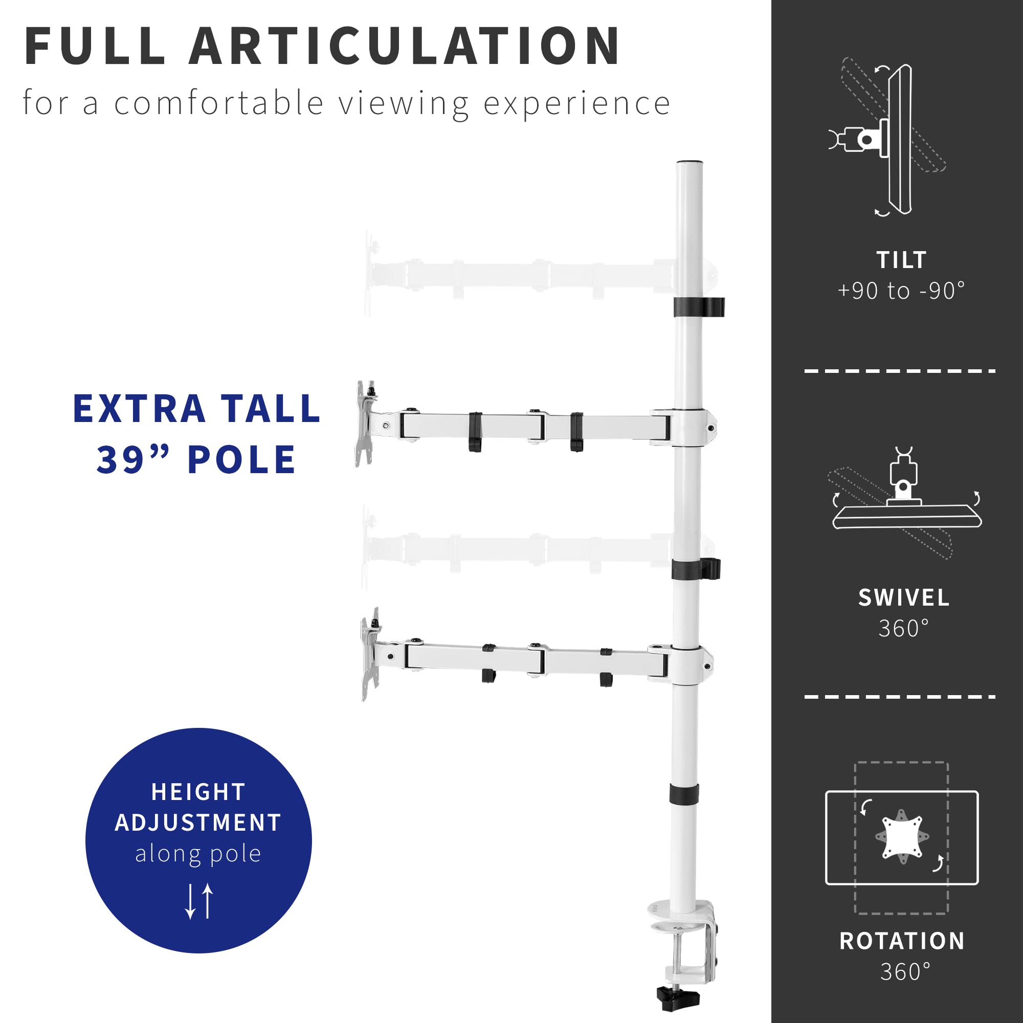 VIVO Extra Tall Vertically Stacked Dual Monitor Desk Mount Stand with 39 inch Stand up Pole, Fully Adjustable Extended Arms, Fits 2 Screens up to 27 inches, White, STAND V012TW