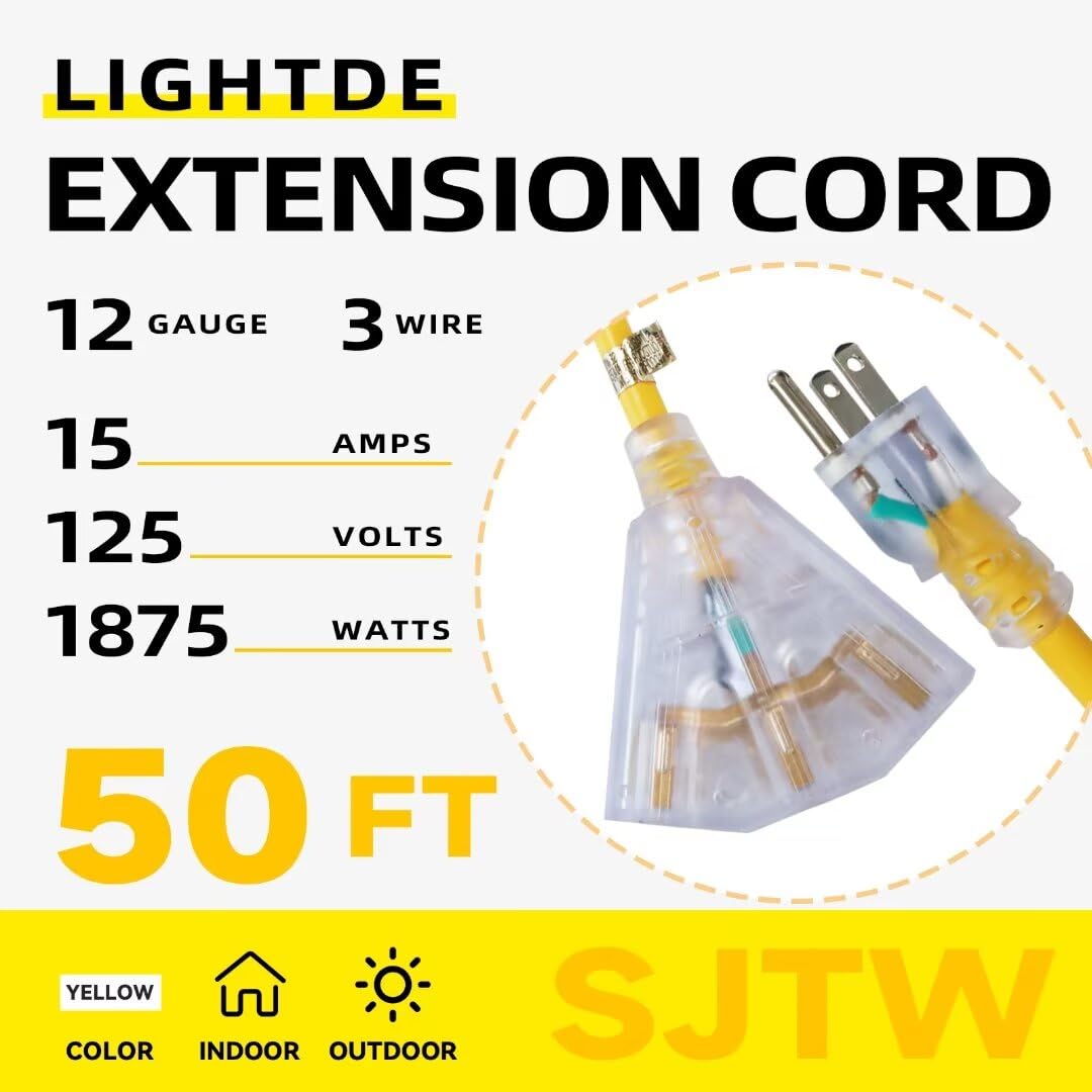 Greatide 50 Ft Lighted Outdoor Extension Cord With 3 Electrical Power Outlets   12/3 Sjtw Heavy Duty Yellow Extension Cable With