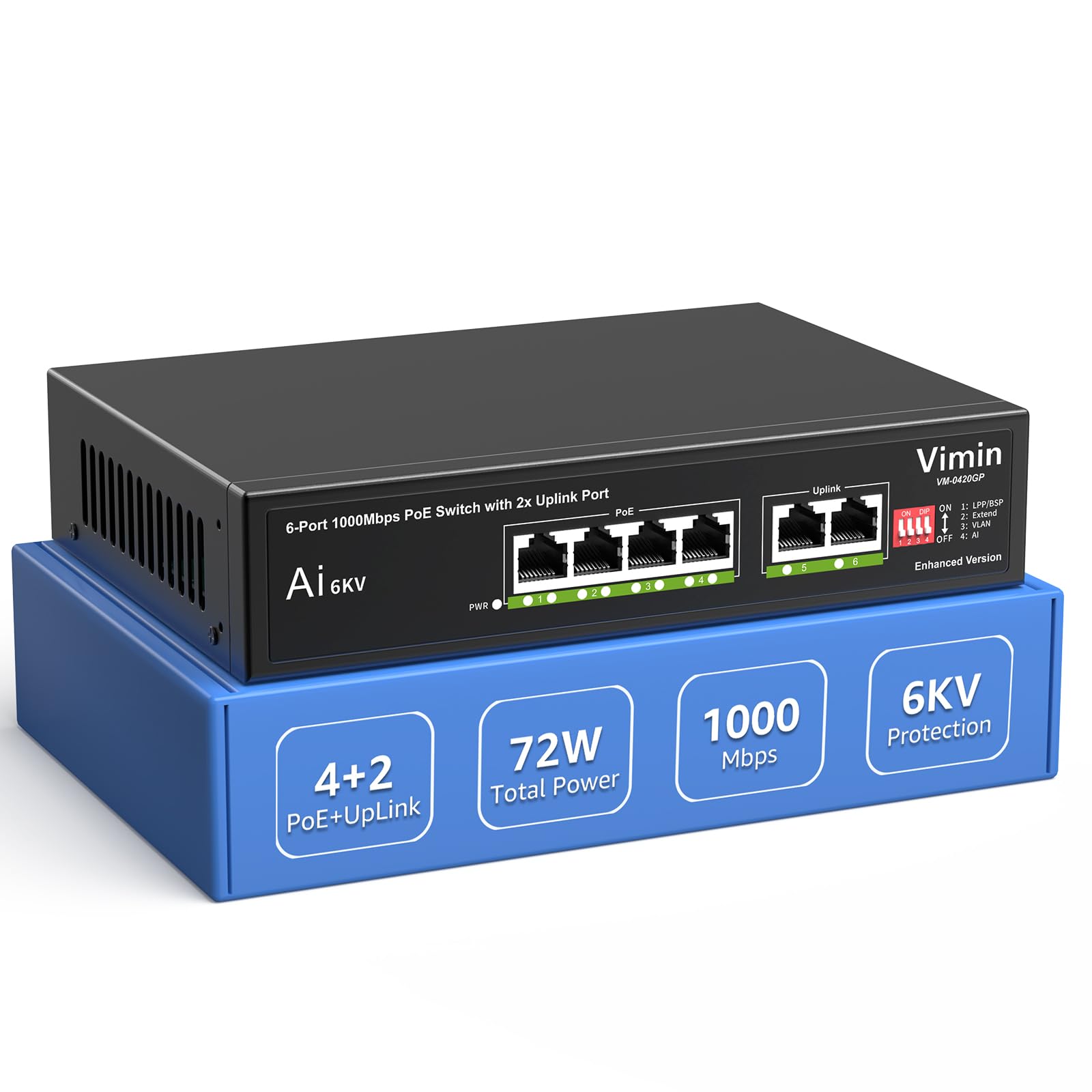 [Upgraded] 6 Port Gigabit Poe Switch With 4 Port Poe, Vimin 4 Port Unmanaged 10/100/1000Mbps Network Poe Switch With 2 Uplink Po