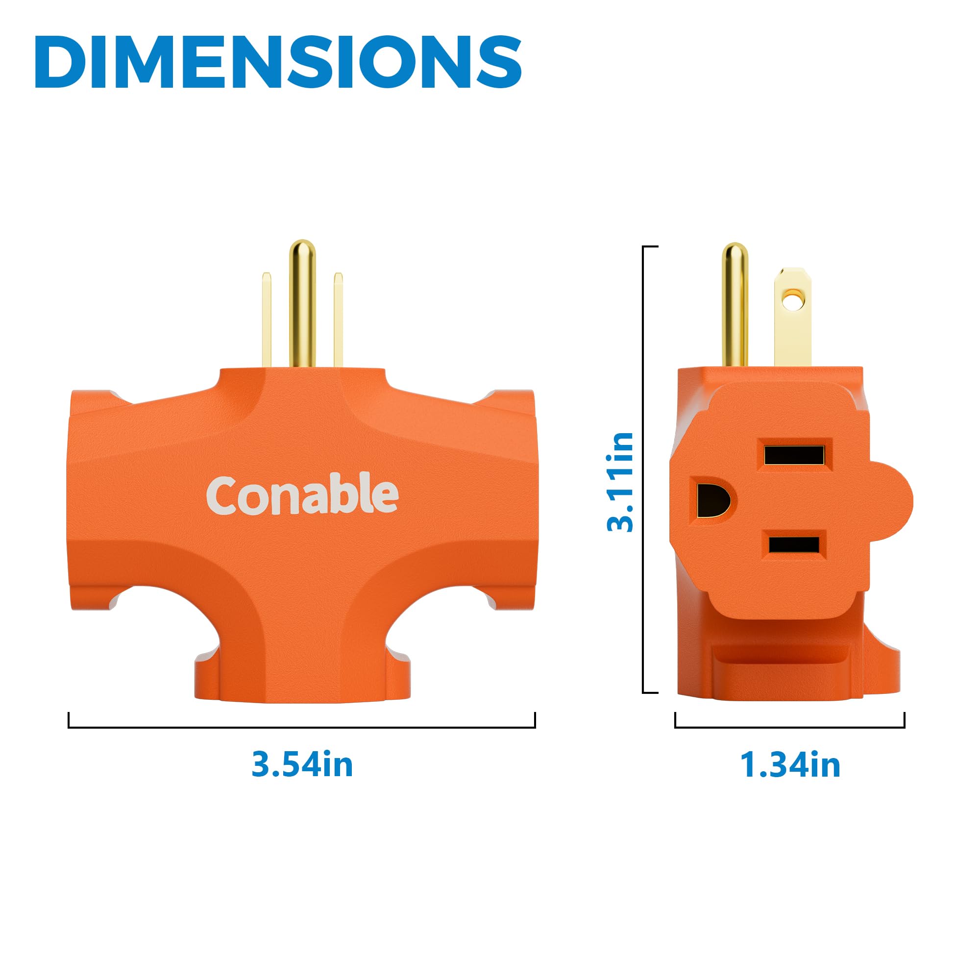 3 Outlet Adapter, 3 Prong Plug Extender, Heavy Duty Grounded Power Tap 3 Way Splitter Adapter, Electric Outlet Expander Sideways