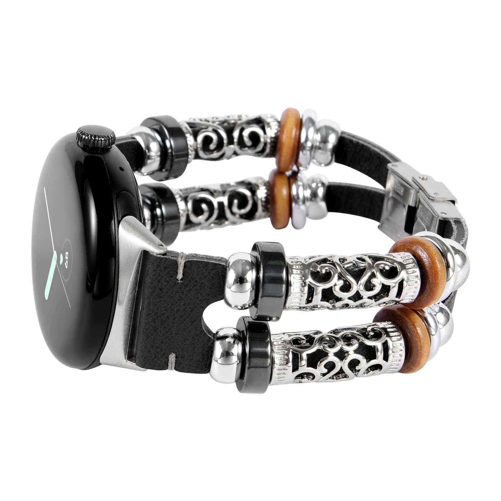 KONAFEI Compatible with Google Pixel Watch 2 (2023)/ Pixel Watch Band, Slim Handmade Leather Bracelets Boho Bead Metal Jewelry R