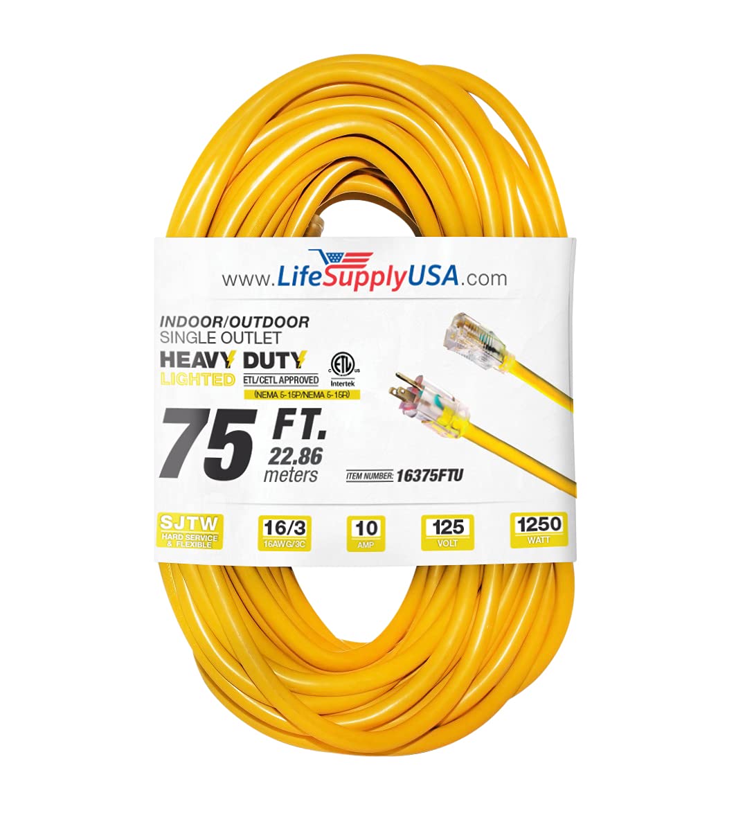 75 Ft Power Extension Cord Outdoor & Indoor Heavy Duty 16 Gauge/3 Prong Sjtw (Yellow) Lighted End Extra Durability 10 Amp 125 Vo