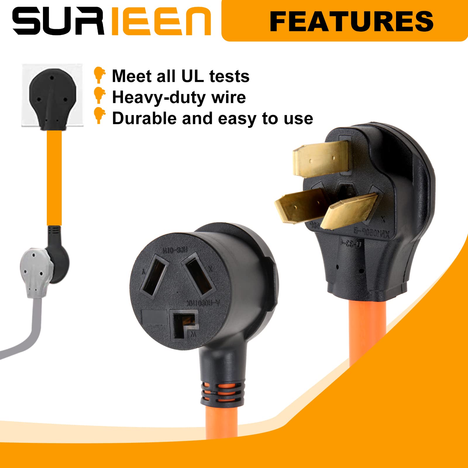 Surieen Nema 10 50P Male To 10 30R Female Dryer Plug Adapter, 1.5Ft 3 Prong To 3 Prong Dryer Adapter Cord, 50 Amp Dryer Male Plu