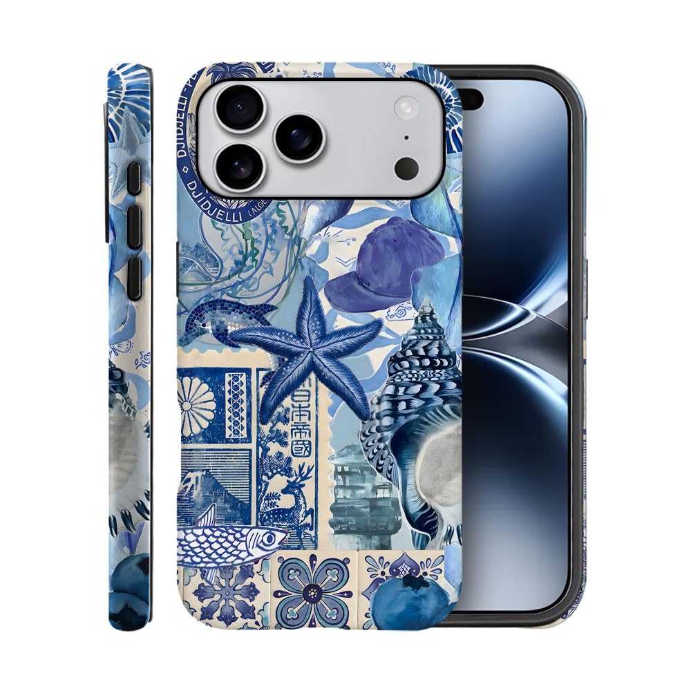 Case for iPhone 17 Pro Max,Fits Frosted Case Design for Girl Women,Beach Blue Starfish Themed Collage European