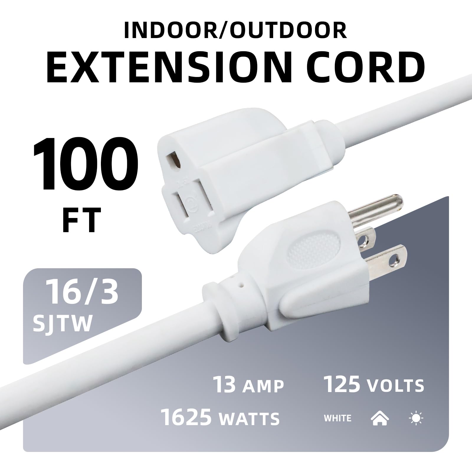 Ep 100 Ft Outdoor Extension Cord   16/3 Sjtw White Electrical Cable With 3 Prong Grounded Plug, Ul Listed