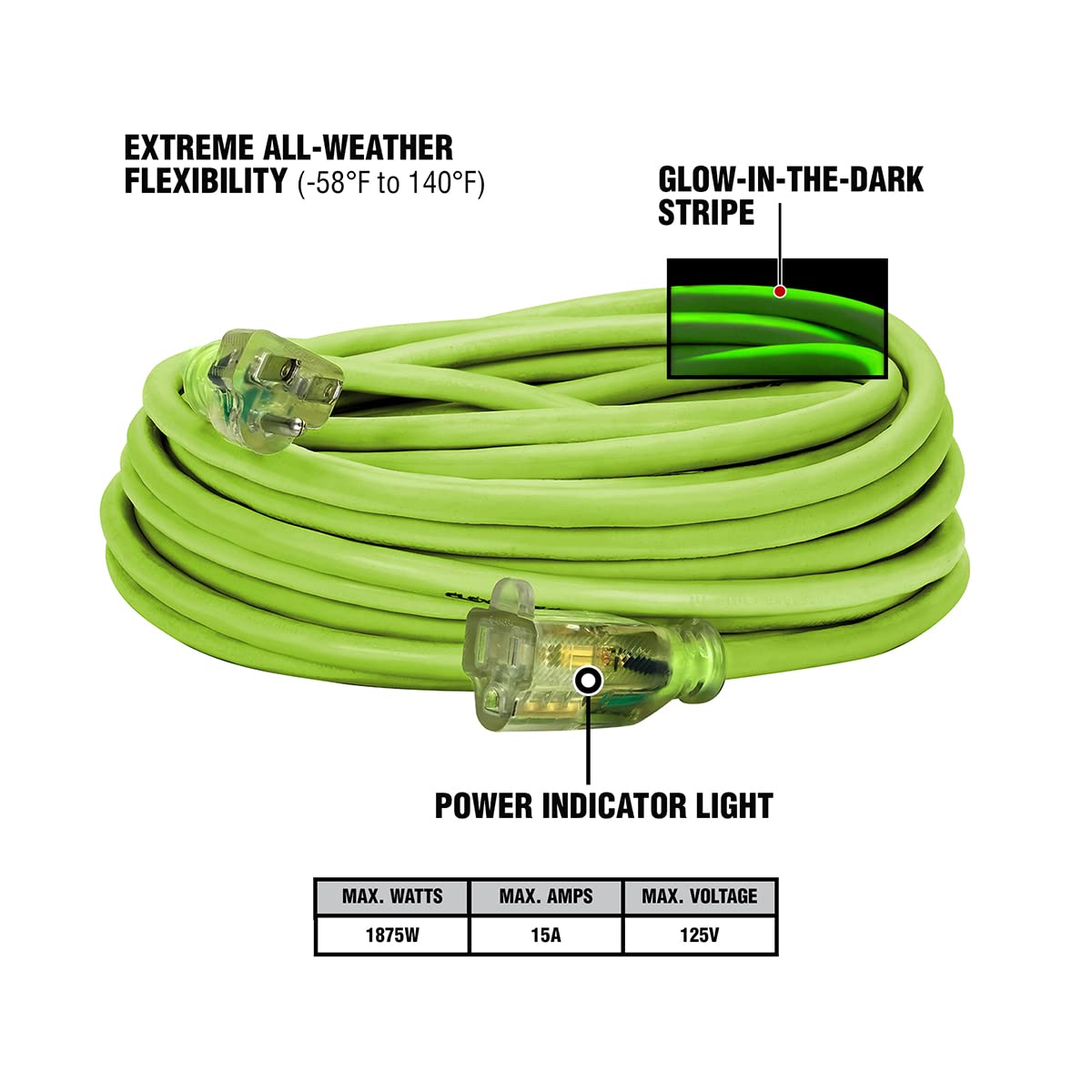 Flexzilla Pro Extension Cord, 14/3 Awg Sjtw, 50 Ft., Lighted Plug, Indoor/Outdoor, Zillagreen   Fz512730