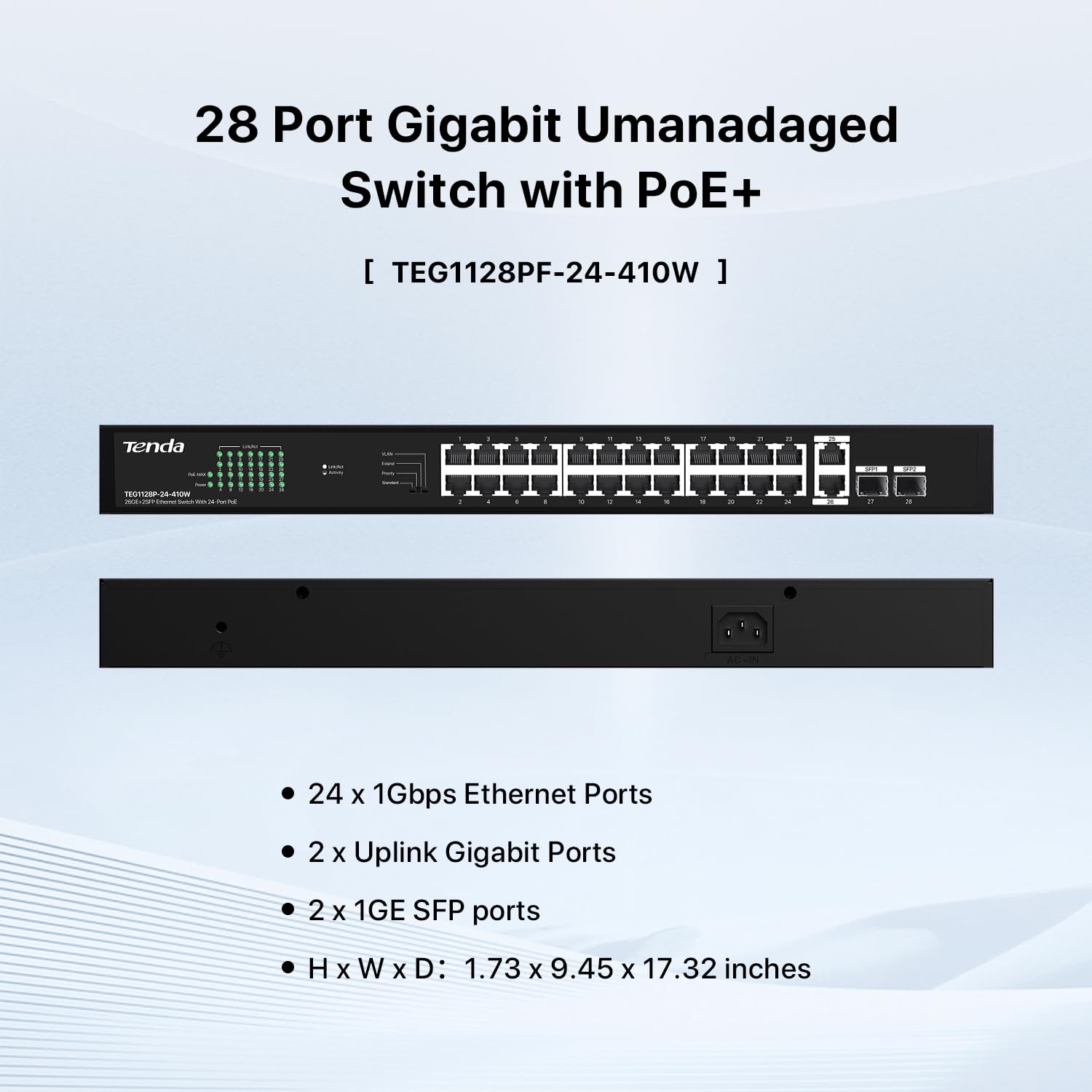 Tenda Teg1128P 24 Port Gigabit Poe Switch, With 24 Port Poe+@410W, 2 Uplink Gigabit Rj45 Ports And 2 Sfp Ports, One Key Change W