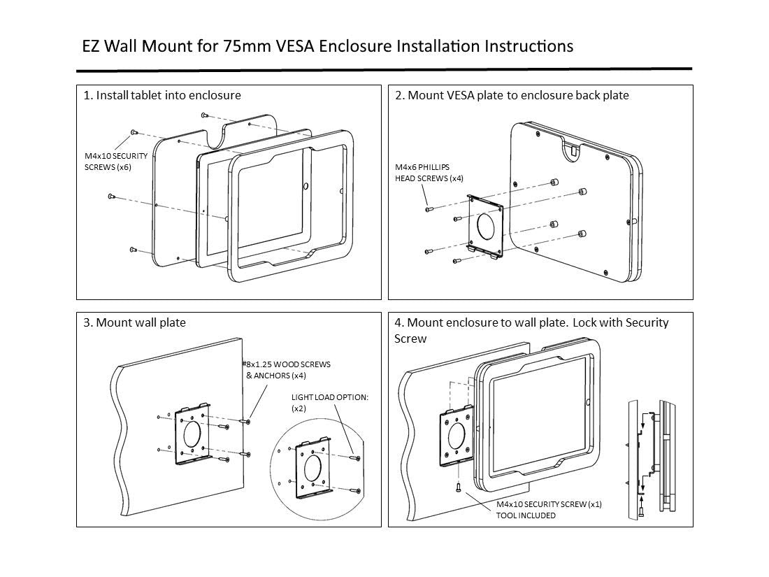 Tabcare Anti Theft Low Profile Light Duty Vesa 75Mm Metal Wall Mount Kit