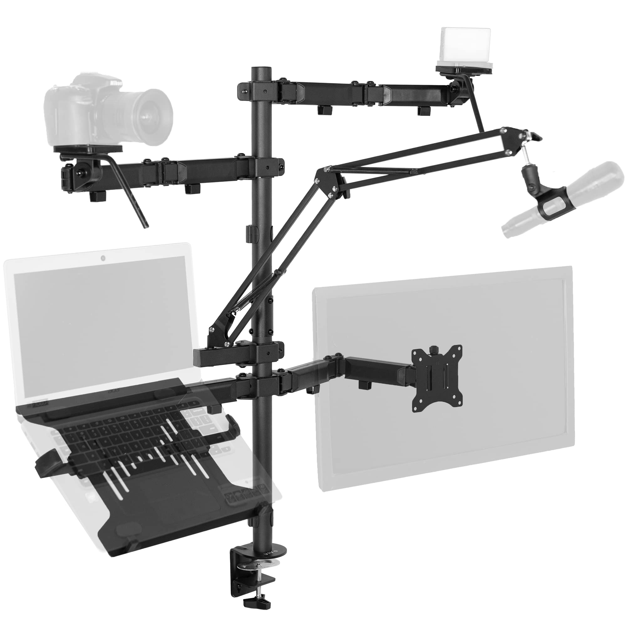 Vivo All In One Computer Studio Desk Mount, Mic Boom, Dual Monitor Mount Up To 32 Inches, Laptop Stand, Livestream Arms Compatib
