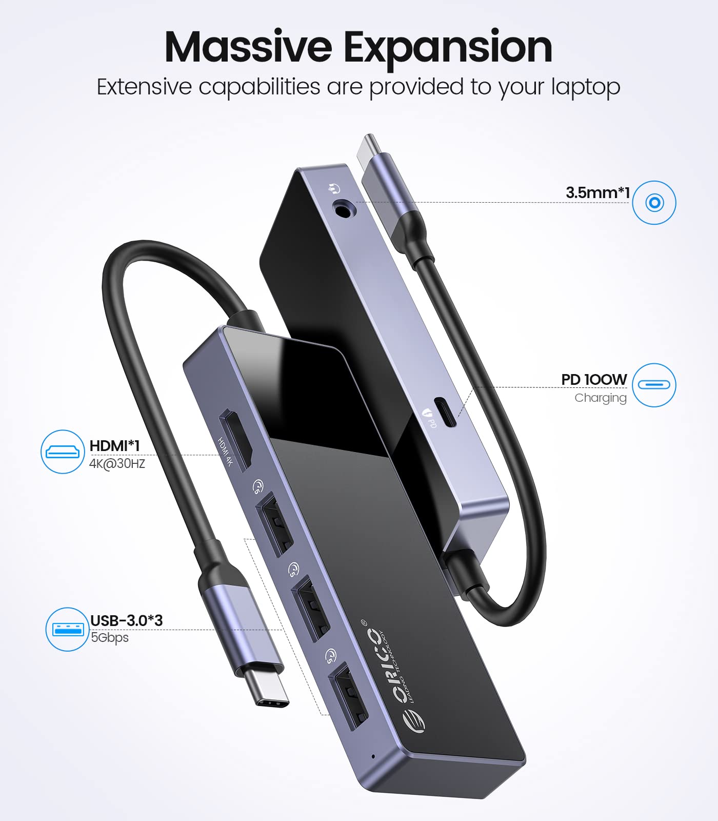 USB C Hub, ORICO 6 in 1 MacBook Docking Station Multiport Adapter Multiport Adapter with PD 100W,HDMI 4K@30Hz,USB A3.0�3,3.5mm Audio�1 Compatible for Dell/Surface/HP/Lenovo Laptops