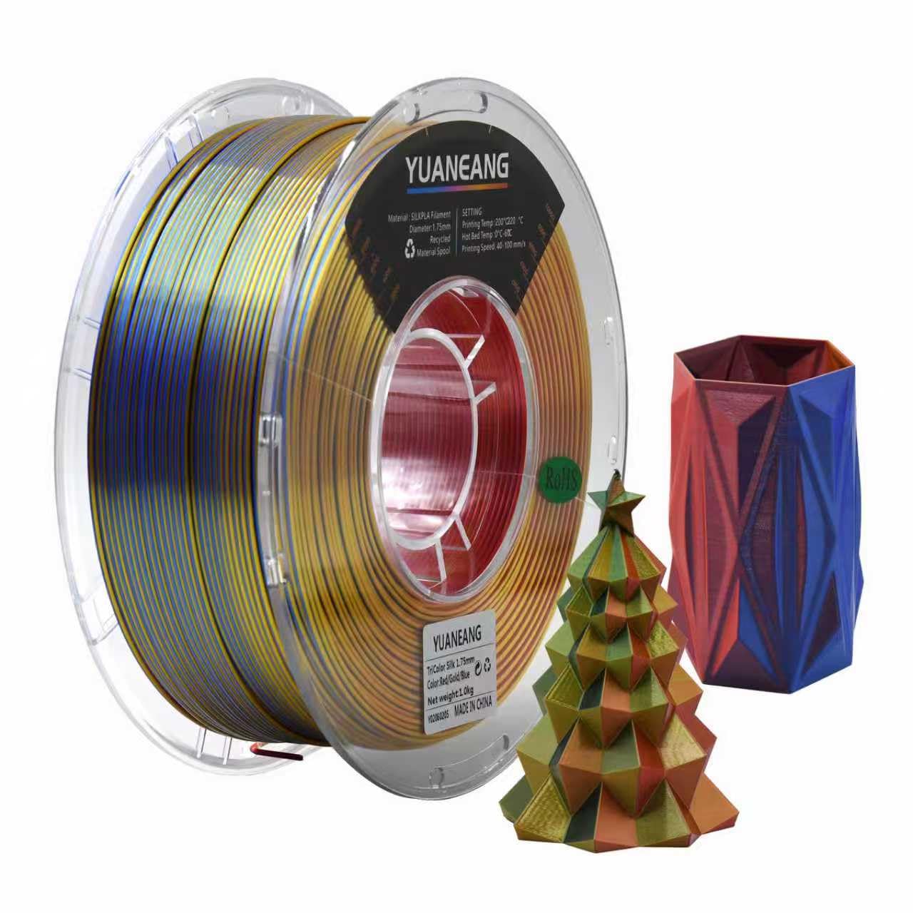 YUANEANG Triple-Color PLA Filament 1.75mm Red-Gold-Blue, 0.03mm Precision, 1kg Spool (2.2 lbs), Smooth Multi-Tone Gradient PLA, 