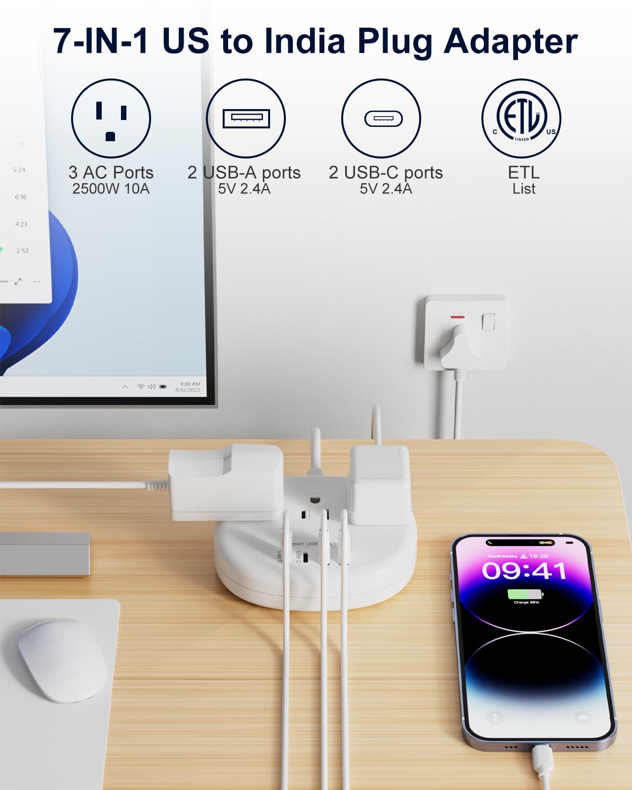 India To Us Plug Adapter, India Plug Adapter With 3 American Outlets 4 Usb Ports (2 Usb C) Total 24W, Type D Travel Adapter And