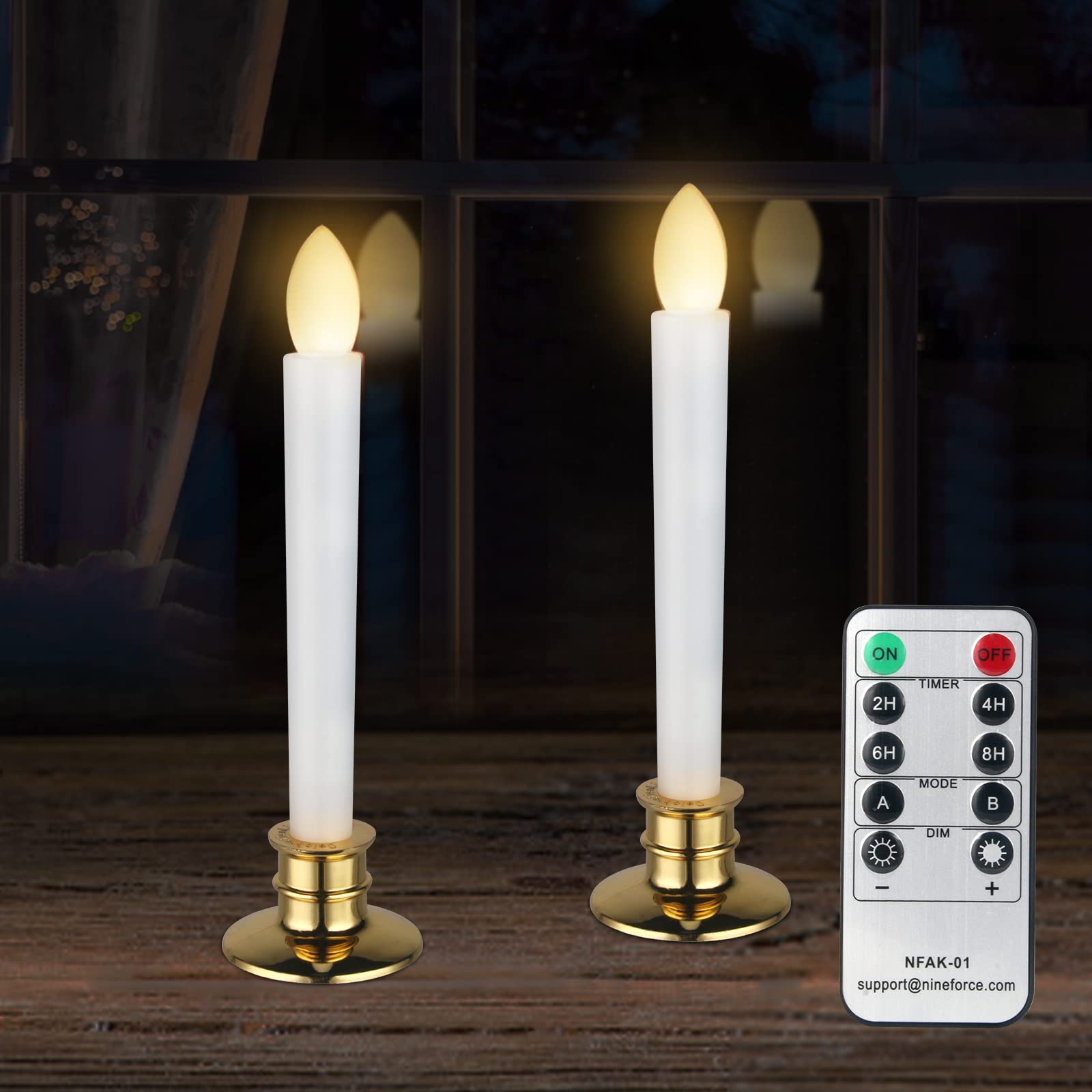 2 Pack Flameless LED Taper Candles with Remote & Timer - Battery Operated Flickering Window Candlesticks with Gold Holders - Saf