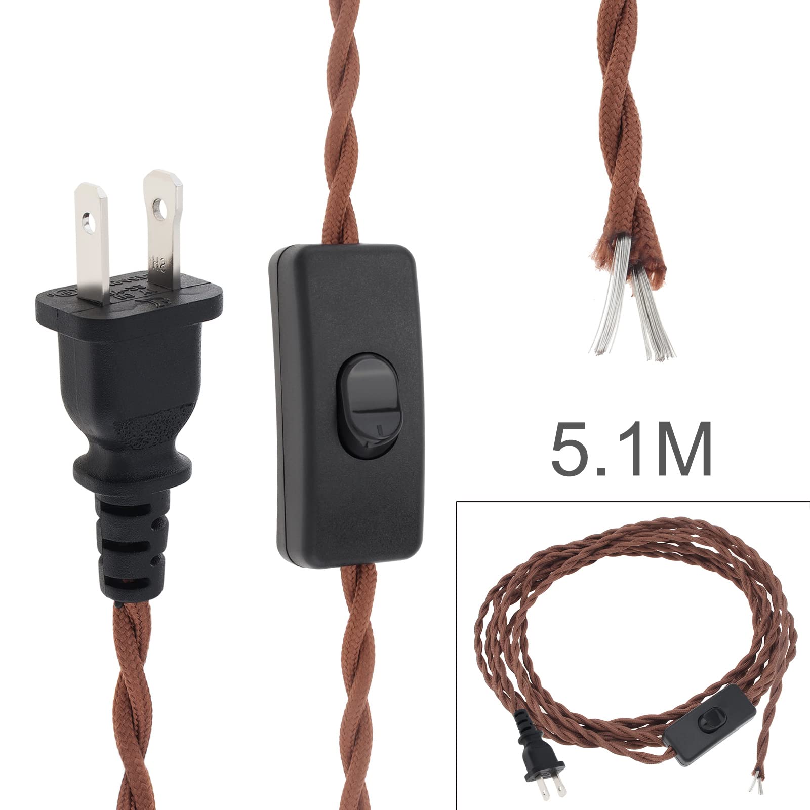 Rtnlit 16.4Ft Twisted Cloth Covered Lamp Cord With Switch Button And Molded Plug,18 Gauge Fabric Electrical Cord, Stripped Ends