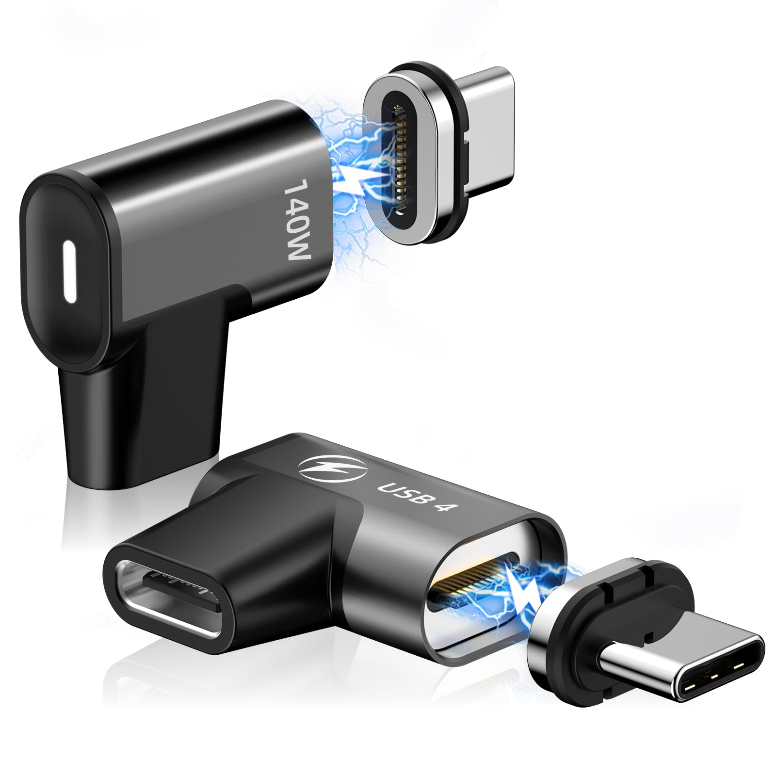 Hancenda 140W Usb C Magnetic Adapter 2Pack, 24Pins Usb C 90 Degree Adapter With Usb4 20Gbps 8K 60Hz Video For Thunderbolt 3 Macbook Pro/Air, Tablet, Laptop, Iphone 15/16 Pro/16 Plus/16 Pro Max
