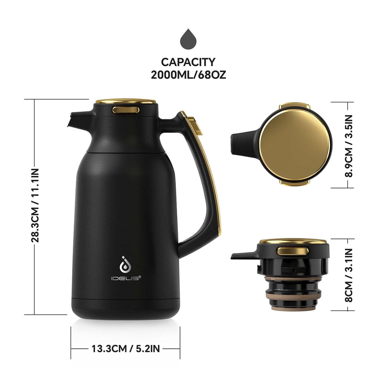 Ideus 68 Oz Stainless Steel Thermal Coffee Carafe, Double Wall Insulated Vacuum Flask, Water Coffee And Beverage Dispenser, 12 H