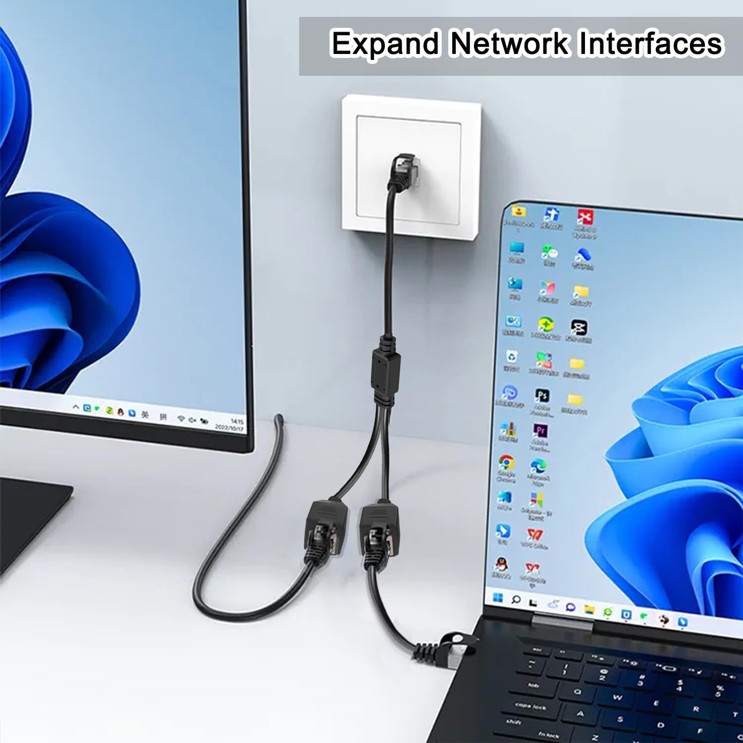 Tiedxioy 1 To 2 Gigabit Ethernet Splitter, 1Ft Black Cat5E Cable, Compatible With Personal Computer