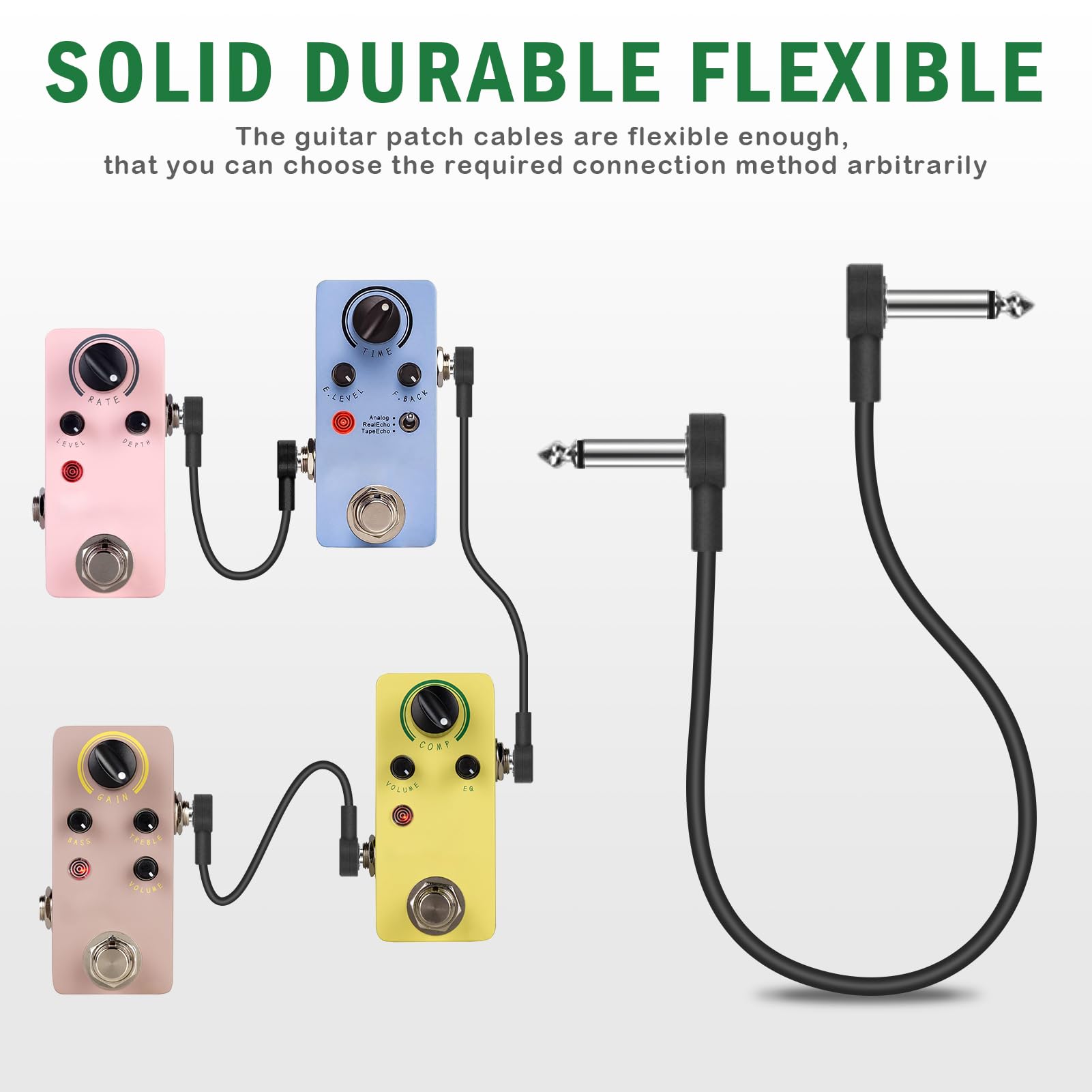 Goghost 4 Inch Guitar Patch Cables 6 Pack, 1/4'' Ts Right Angle Effect Pedal Flat Cables, Black