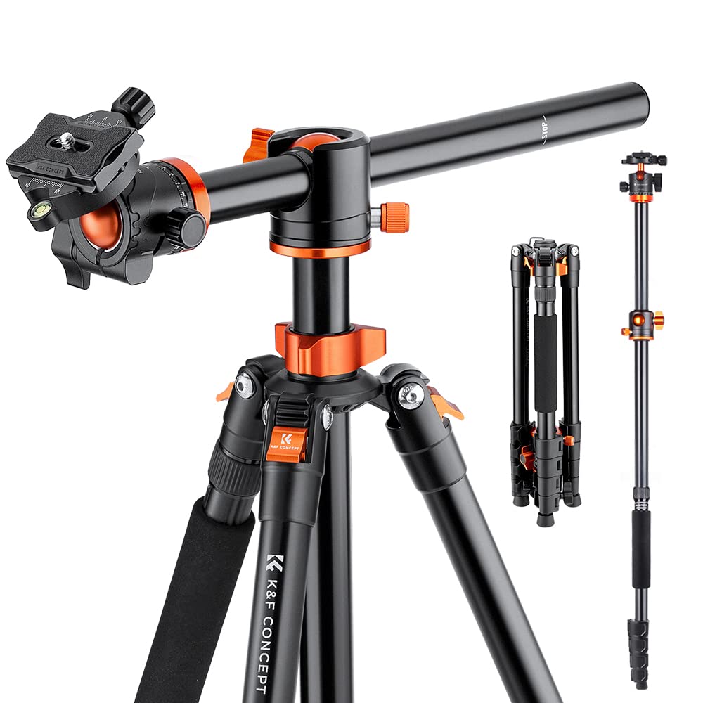K&F Concept 73 Inch /186Cm Camera Tripod,Transverse Center Column Aluminium Dslr Tripod With 360 Degree Ball Head 10Kg Load Capacity,Quick Release Plate,Detachable Monopod T255A3+Bh 28L