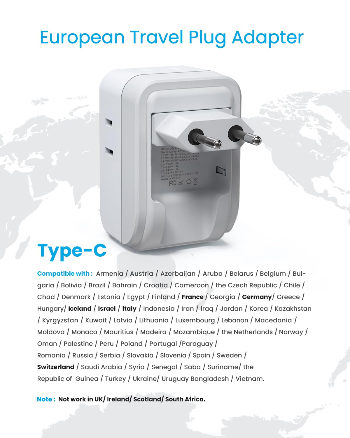2 Pack European Travel Plug Adapter, Vintar Pd 20W Foldable Adapter For Europe Plug With 4 Ac Outlets 3 Usb Ports(2 Usb C), Type