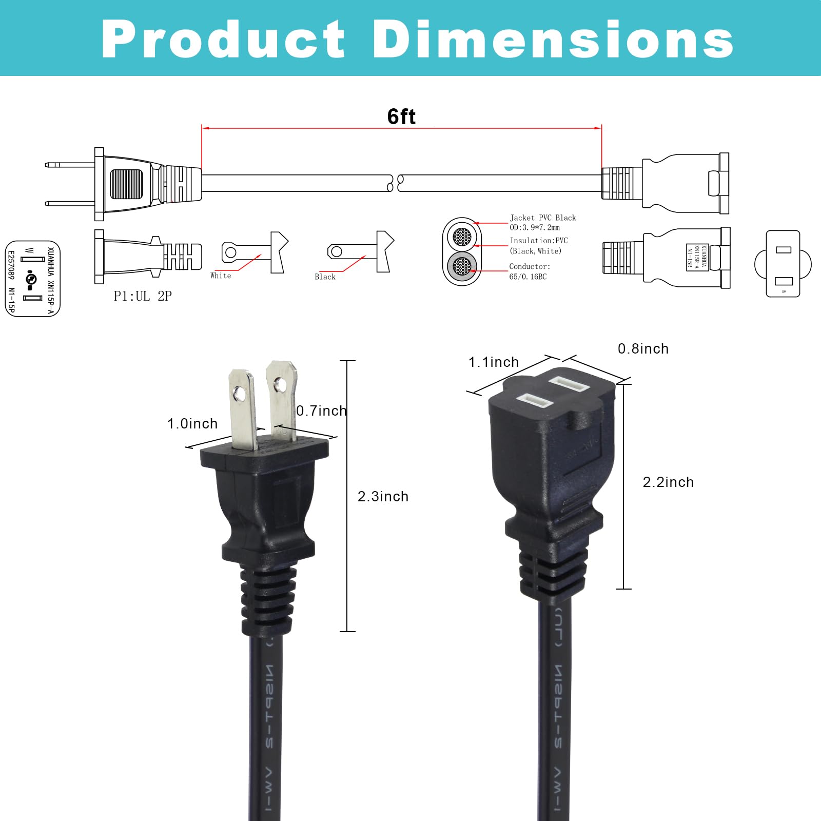 6Ft Polarized 2Prong Extension Cord   Black Replacement Us Ac Two Prong Male To Female Short Low Profile Flat Appliance Extensio