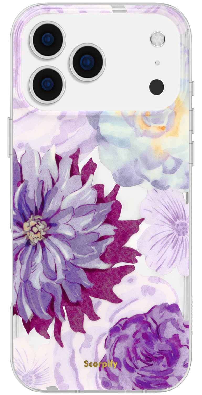 SCORPIFY for iPhone 17 Pro Case [Compatible with MagSafe] with Purple Zinnia Floral Design, Cute Clear Magnetic Phone Cover for 