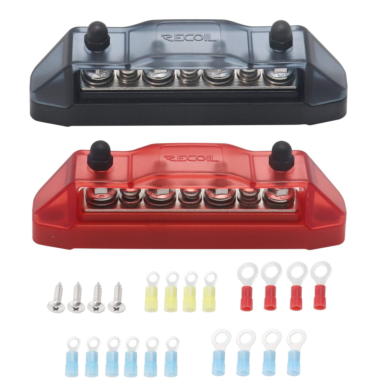 Recoil Bbs43 P Bus Bar 4 X M5 Studs 3 Screw Terminals Power Distribution Block Busbar With Ring Terminals (Red+Black)