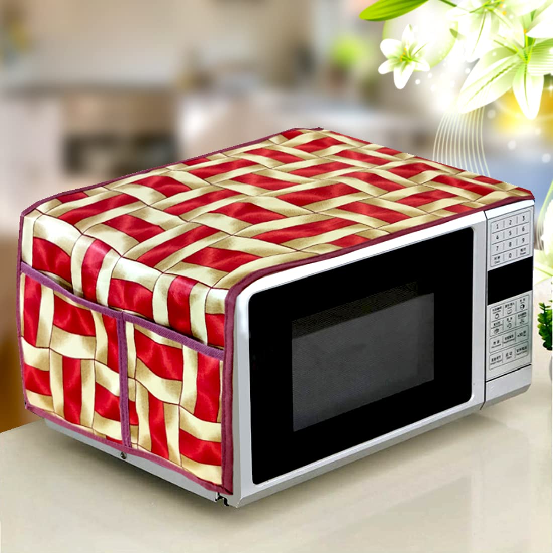 Kanushi Industries Microwave/Oven Top Cover With 4 Utility Pockets (Var2MicroRedGoldenLine01)