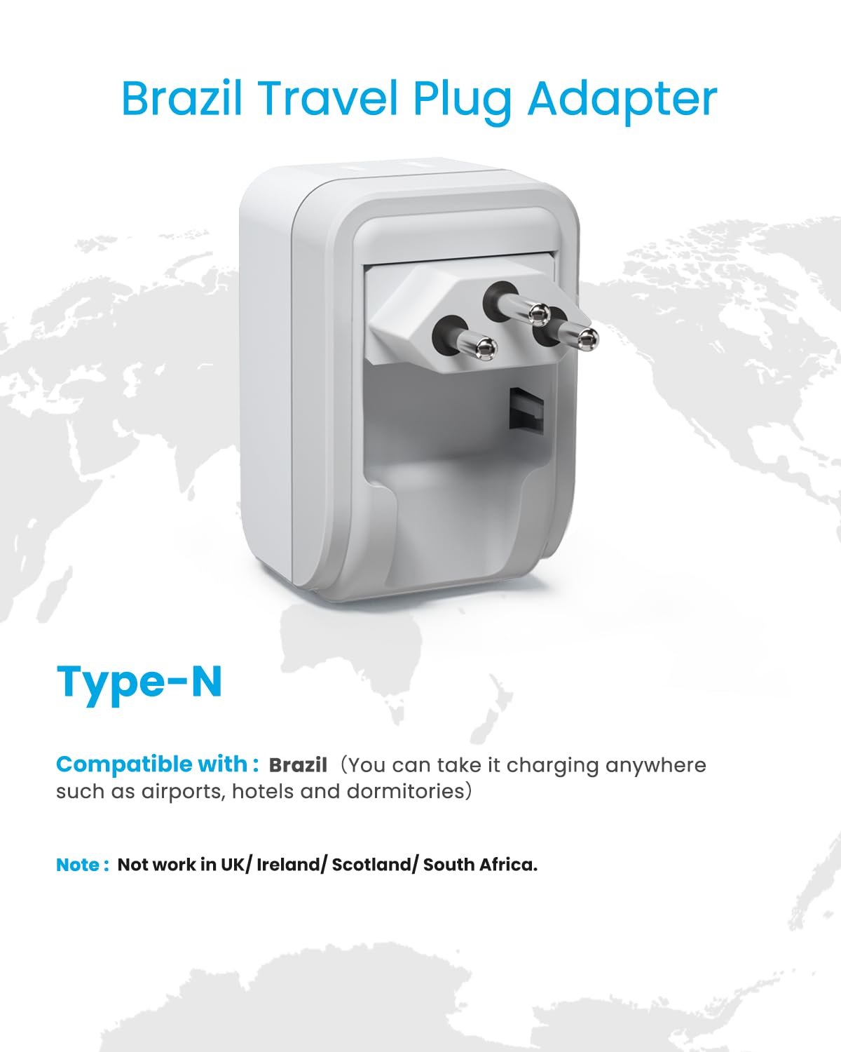 1 Pack Brazil Power Adapter Travel Plug, Vintar Foldable Type N Plug Adapter Brazil With 2 Ac Outlets 3 Usb Ports(2 Usb C), Braz