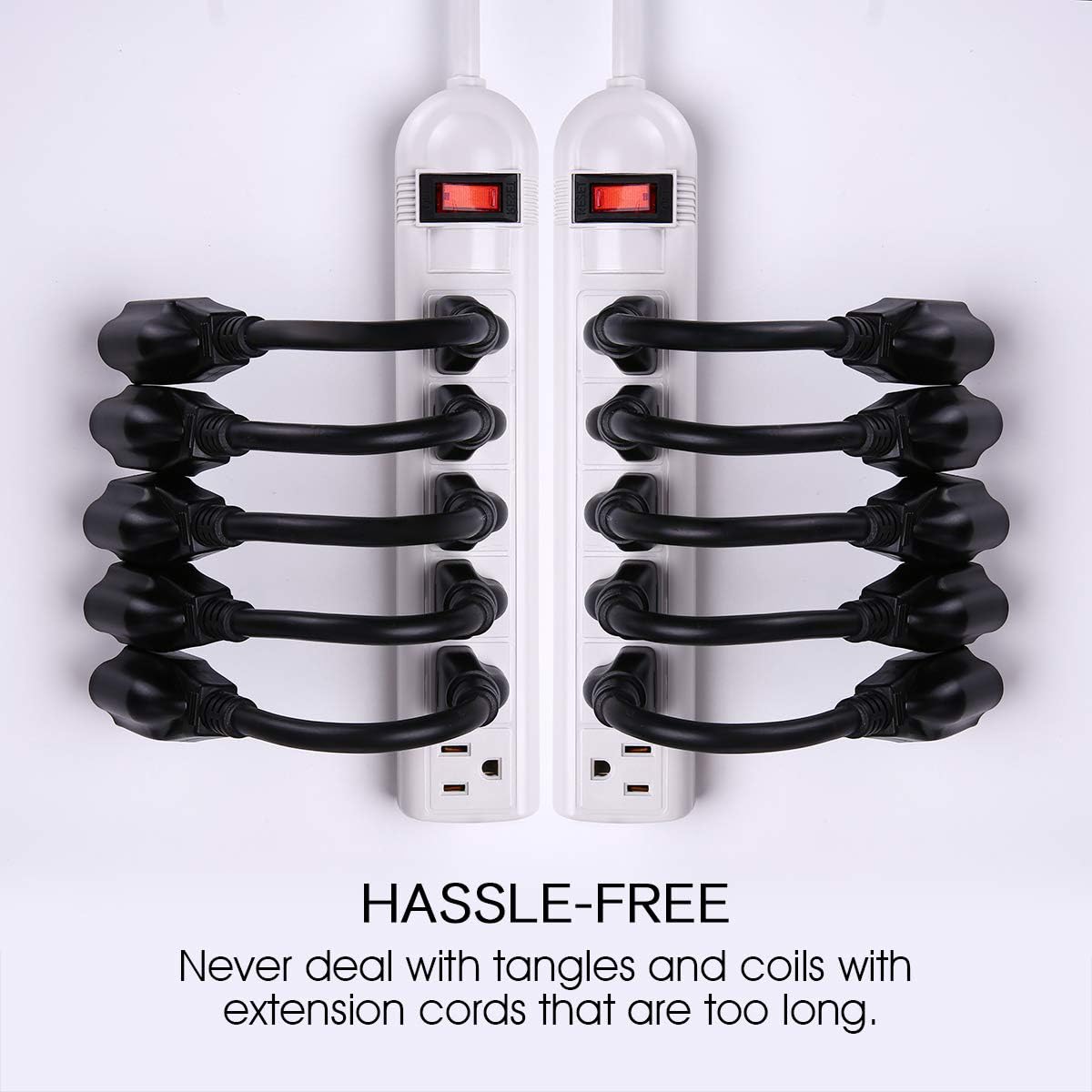 Miady Short Power Extension Cord Outlet Saver, 16Awg/13A, 3 Prong (10 Pack, Black, 8 Inch)