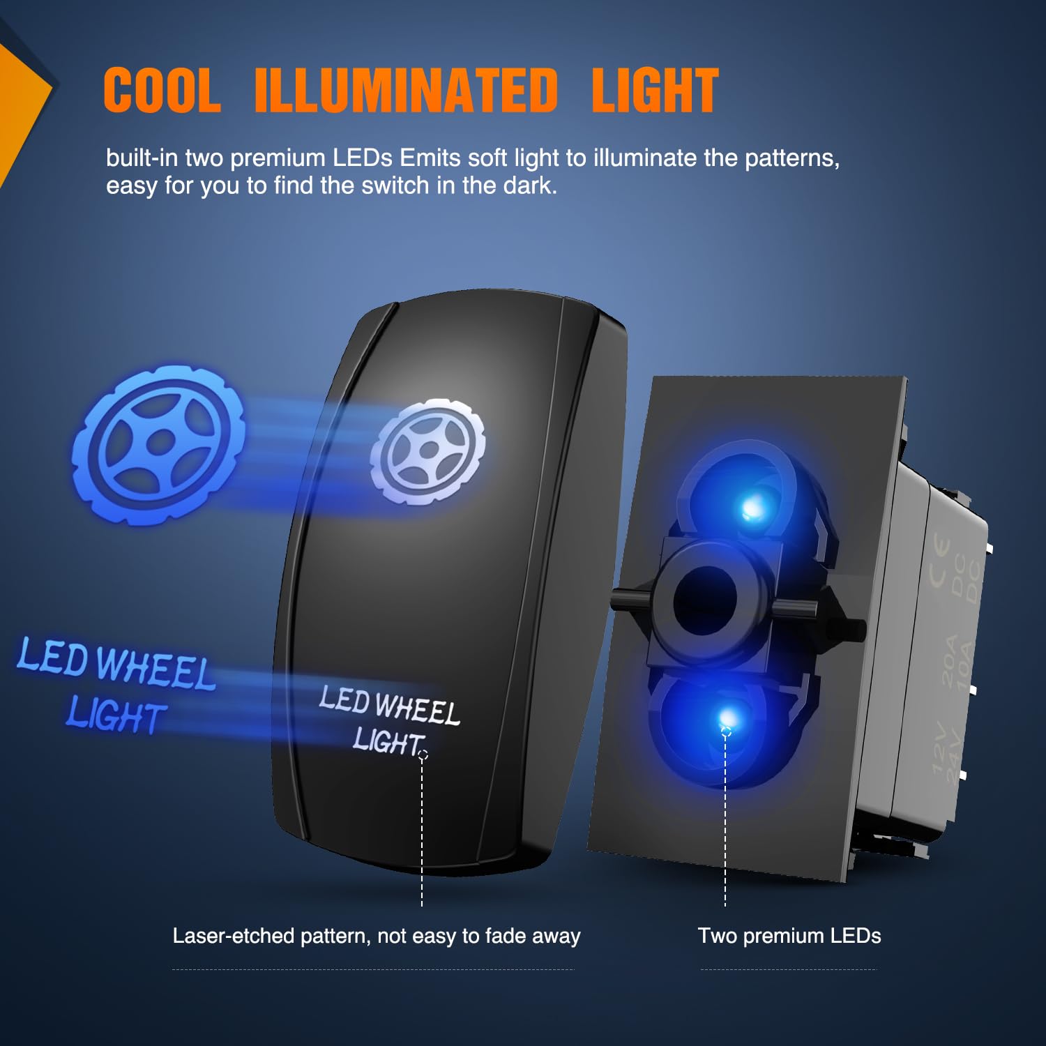 Nilight Led Wheel Light Rocker Switch Led Bar 5 Pin Laser On Off Spst Switches 20A/12V 10A/24V Blue With Jumper Wires Set For Ca