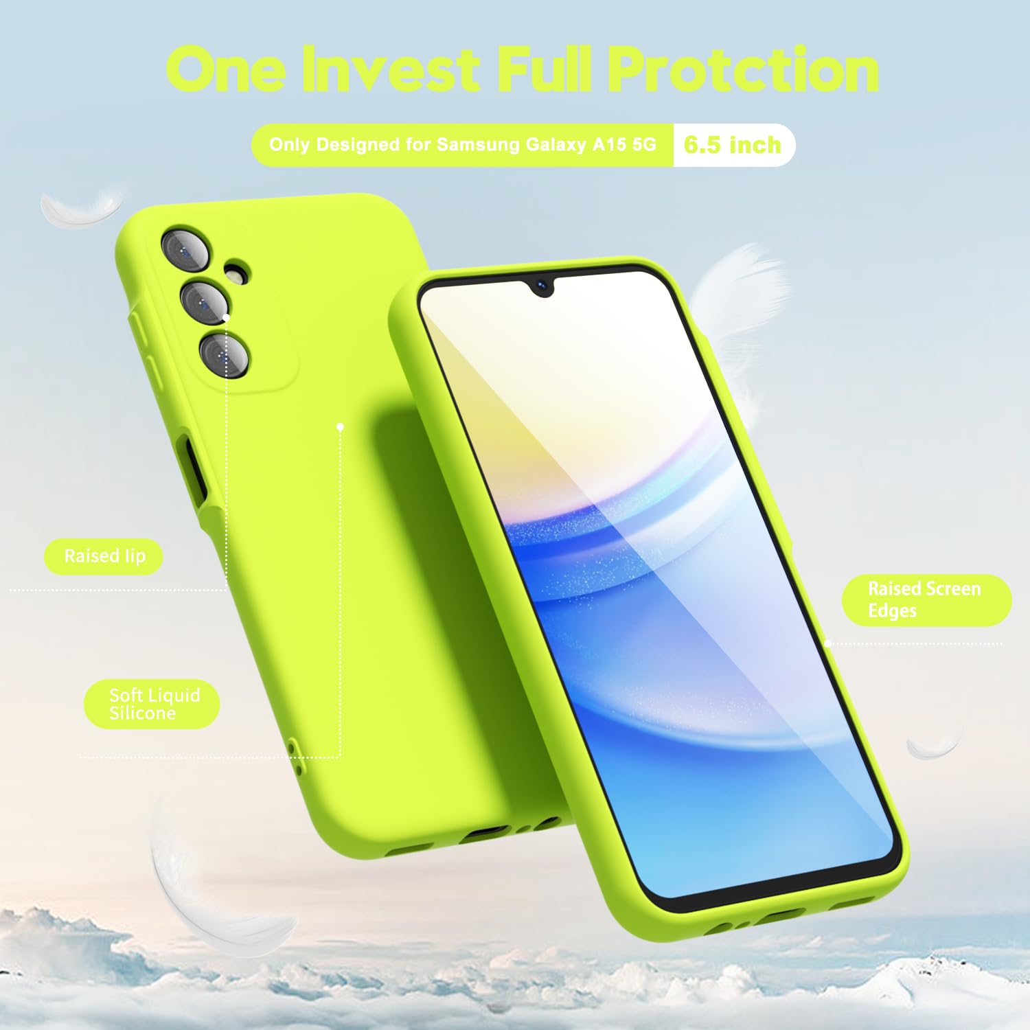 Oakxco For Samsung Galaxy A15 5G Case Liquid Silicone, Neon Green Bright Solid Color, Soft Rubber Gel Elegant Thin Slim Tpu Matt