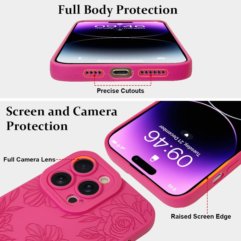 Lsl Case For Iphone 14 Pro Max Hot Pink Floral Flower Pattern Print Case Soft Tpu Full Camera Lens Anti Drop Anti Scratch Shockp