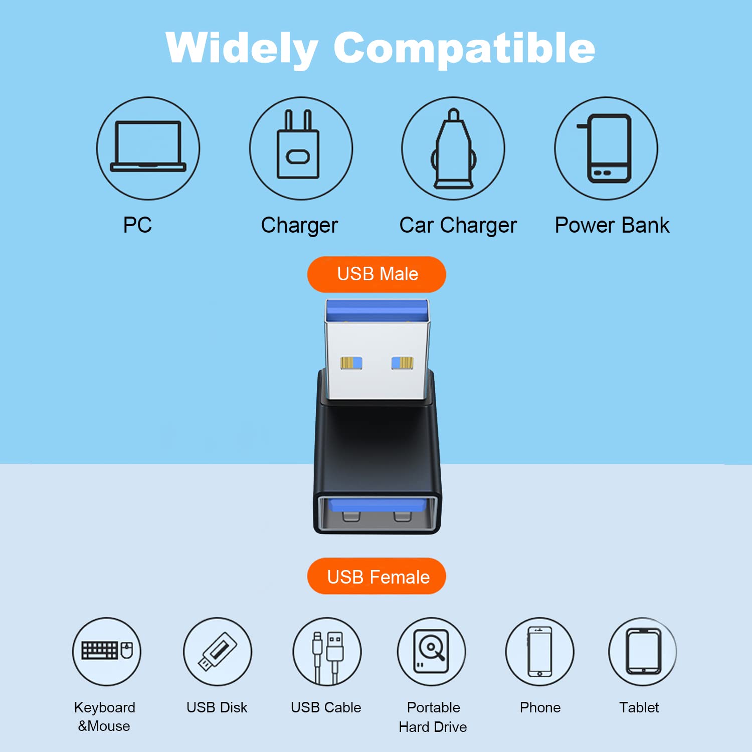Areme 90 Degree Usb 3.0 Adapter 2 Pack, Up And Down Angle Usb A Male To Female Converter Extender For Pc, Laptop, Usb A Charger, Power Bank And More (Black)