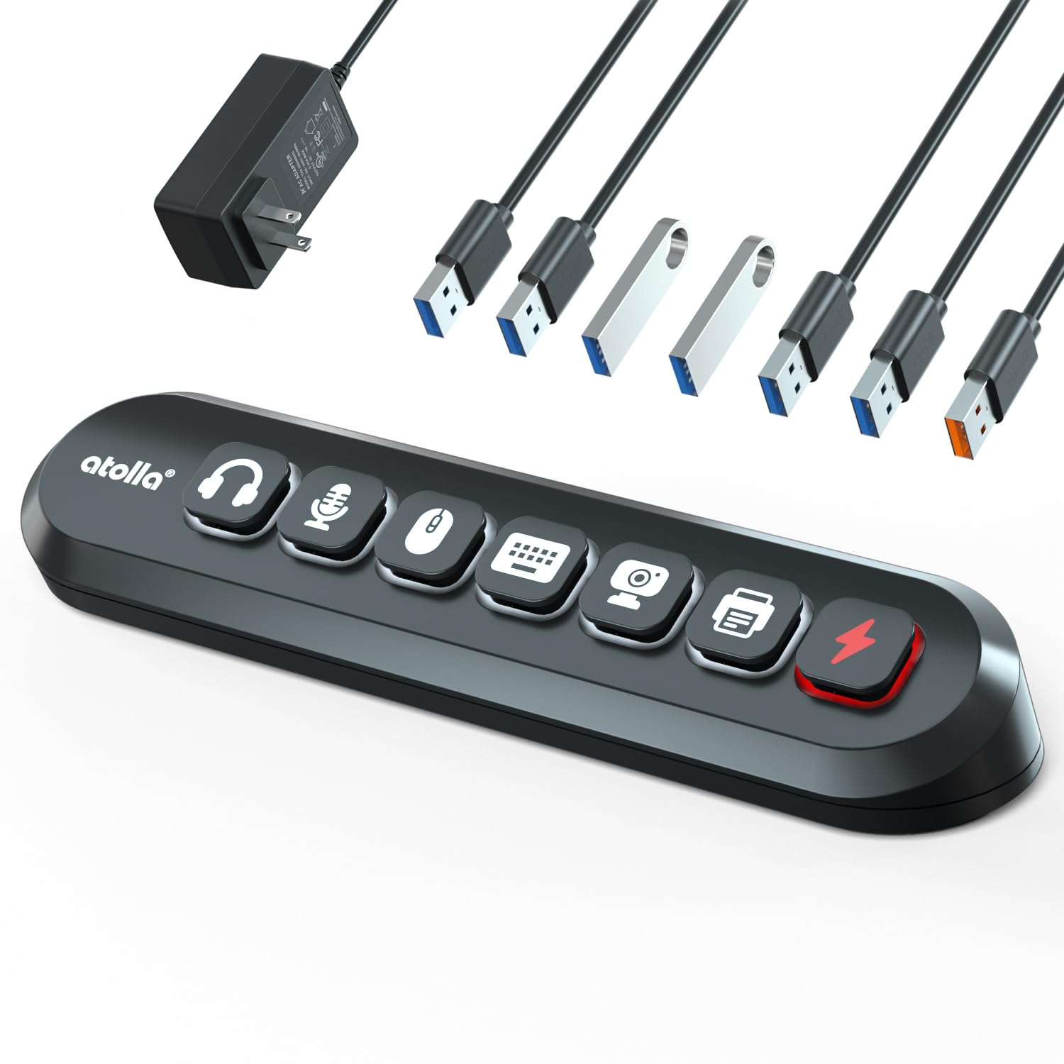 Powered USB Hub, atolla 7-Port USB 3.0 hub (6 Superspeed Transfer Ports+ 1 Fast Charging Port) with Swappable Illuminated Icon S