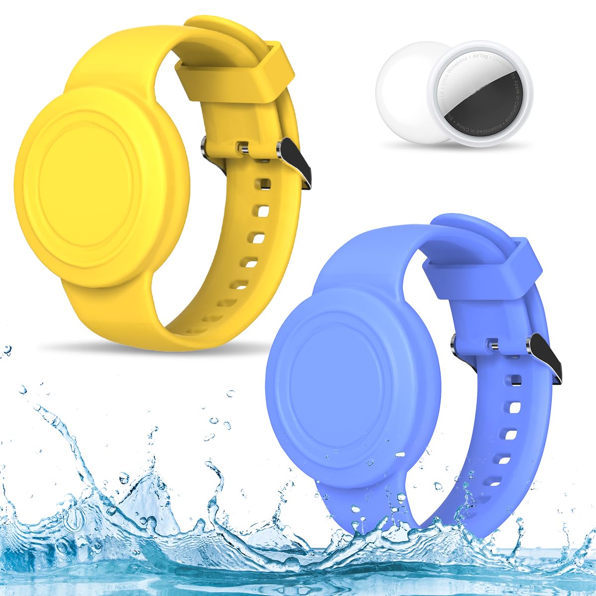 2 Pack Compatible For Airtag Bracelet Kids, Waterproof Air Tag Holder Hidden Full Coverage Design Air Tag Accessories, Soft Silicone Air Tag Case For Toddlers Childs Adults (Blue & Yellow)