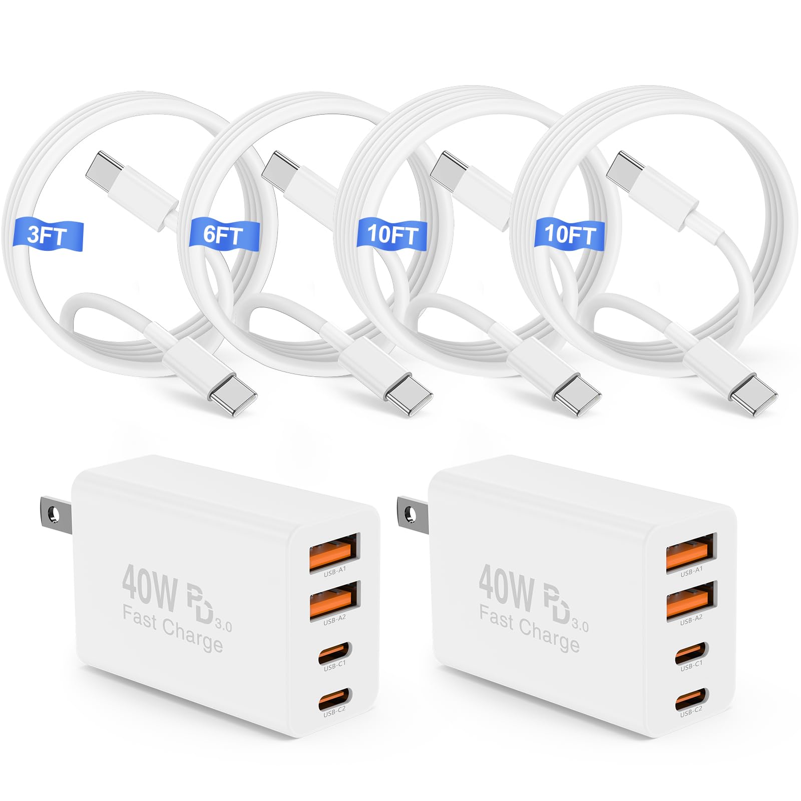 40W USB C Charger Block, Dual USB C & USB Port Charger Fast Charging Plug/3+6+10+10ft Long Type C to C Cable Cord for Apple iPho