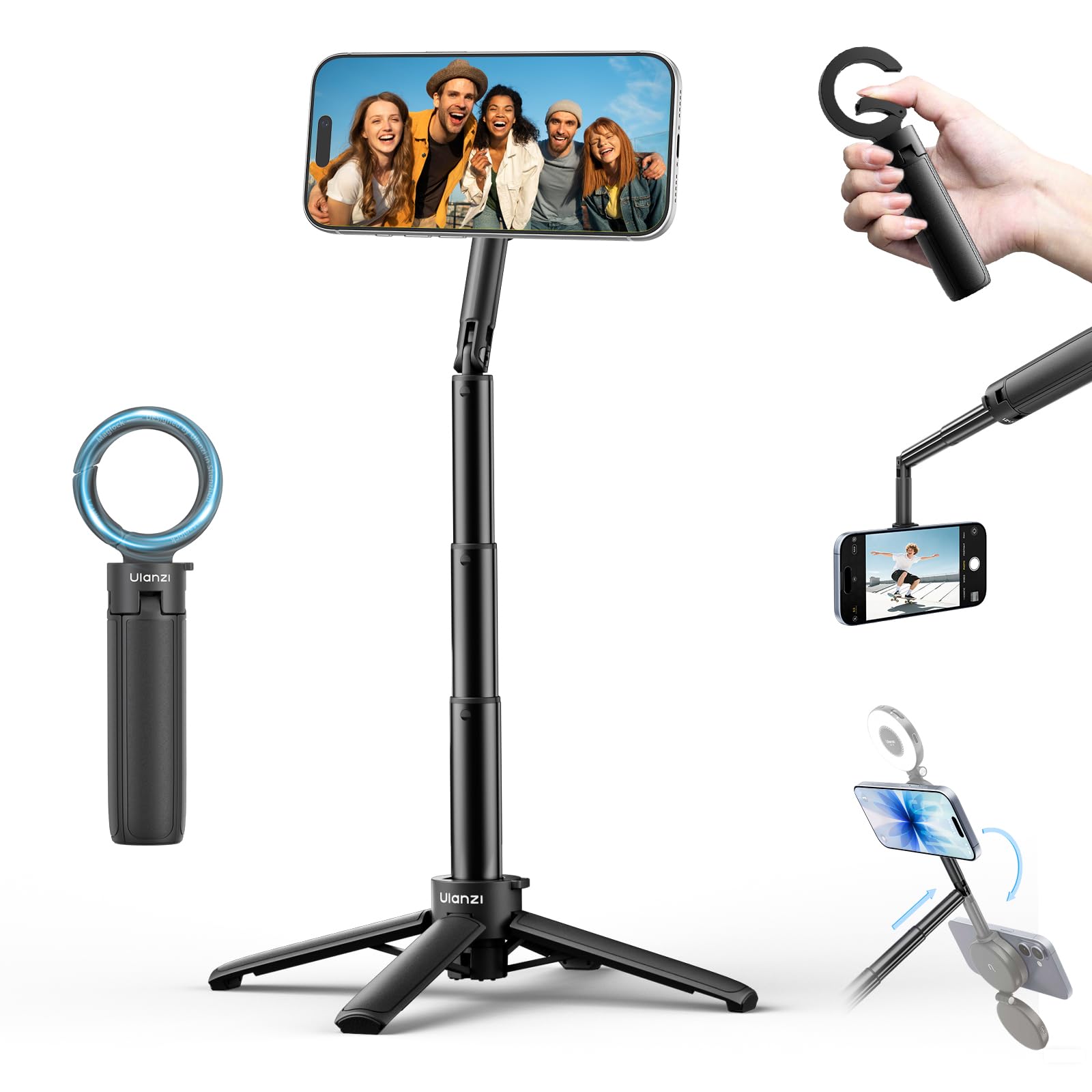 ULANZI MT71 Mini Magnetic Selfie Stick Tripod, Foldable & Lightweight, 180 Tilt, Compatible with iPhone 17-12 Series, with Adhes